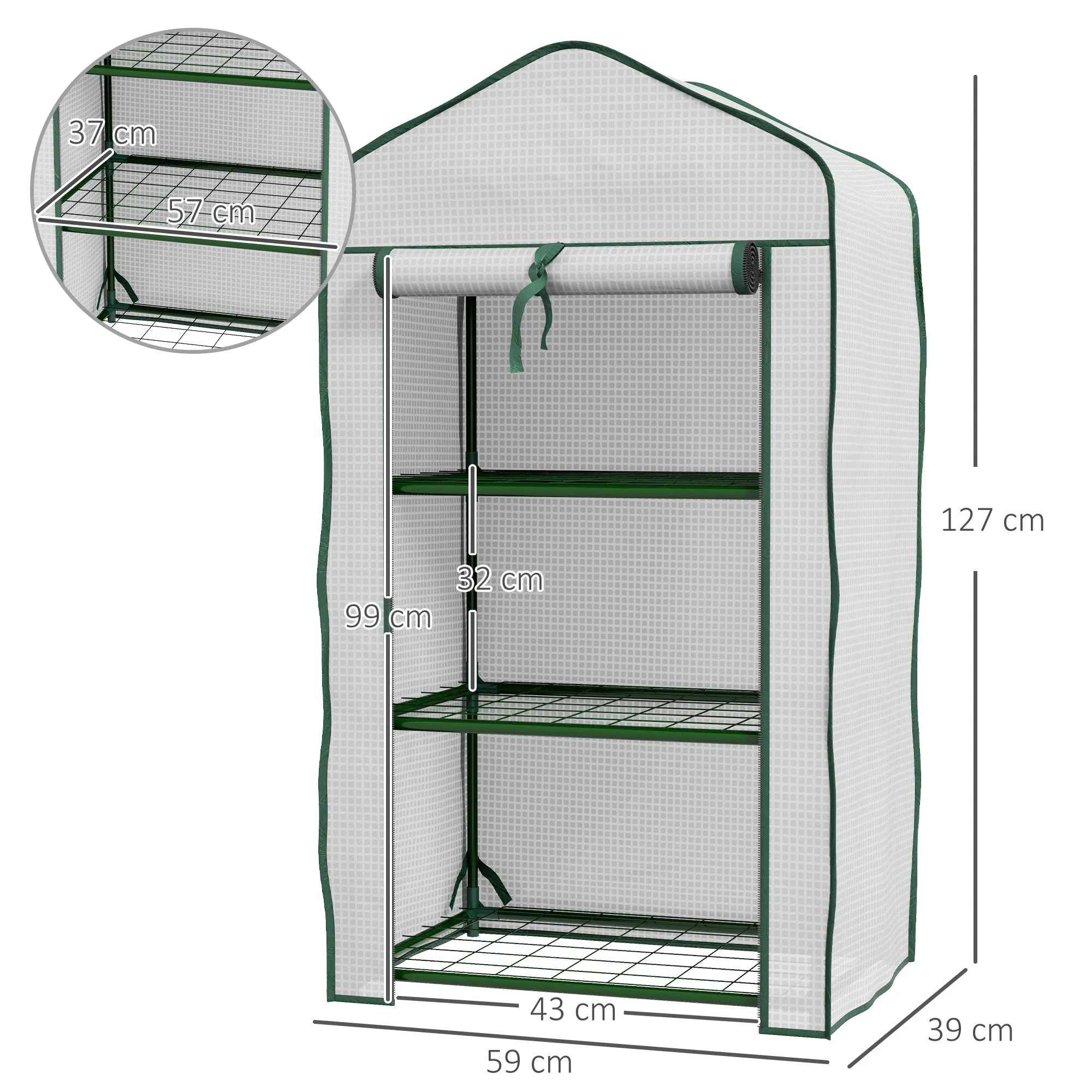 Mini Garden Greenhouse with PE Cover, 3 Shelves and Roll-Up Door, 59x39x127cm, White - Image 3