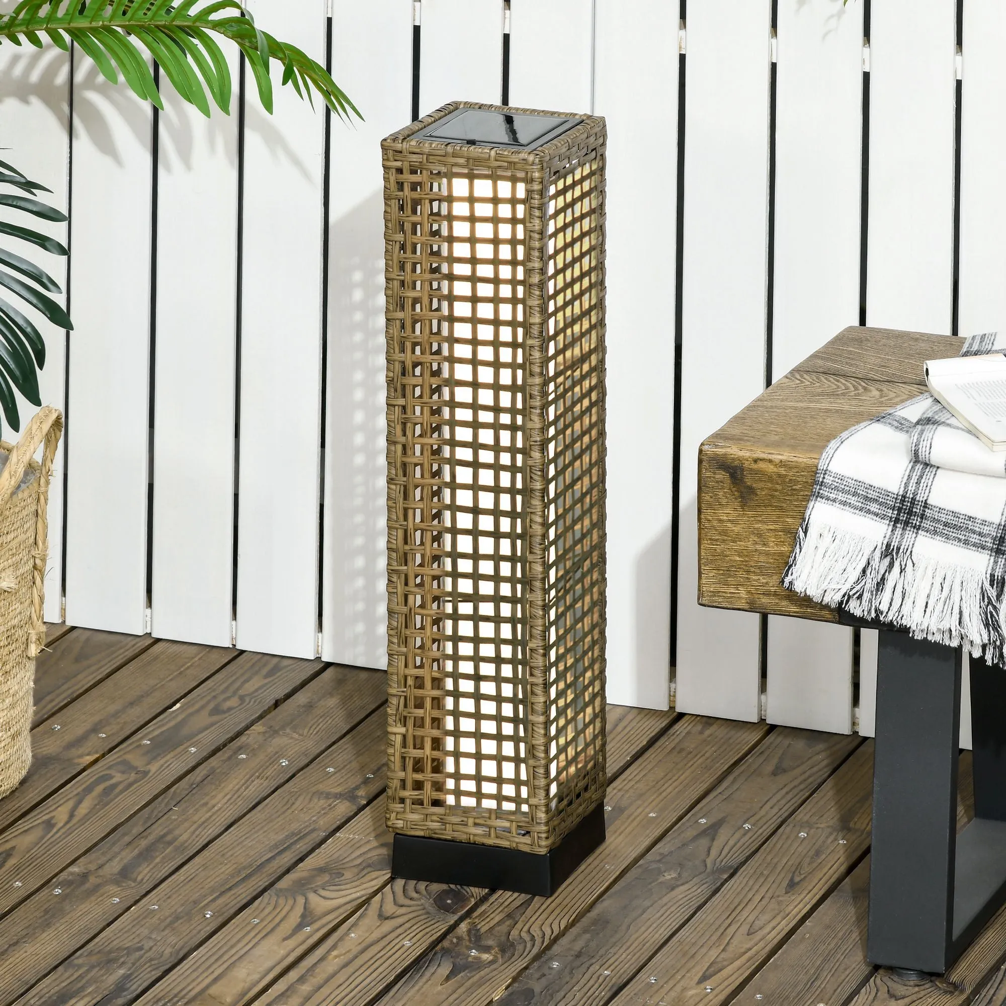 Solar Garden Lamp with Charging Panel, Steel and Rattan, 15.5x15.5x69 cm, Black and Brown - Image 2