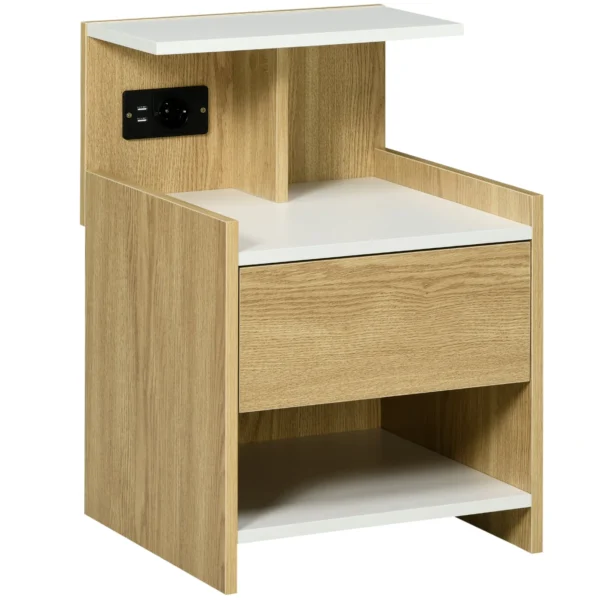 Modern Bedside Table with 2 Sockets, 2 USB Ports and Chipboard Drawer, 40x40x60cm, Wood Color