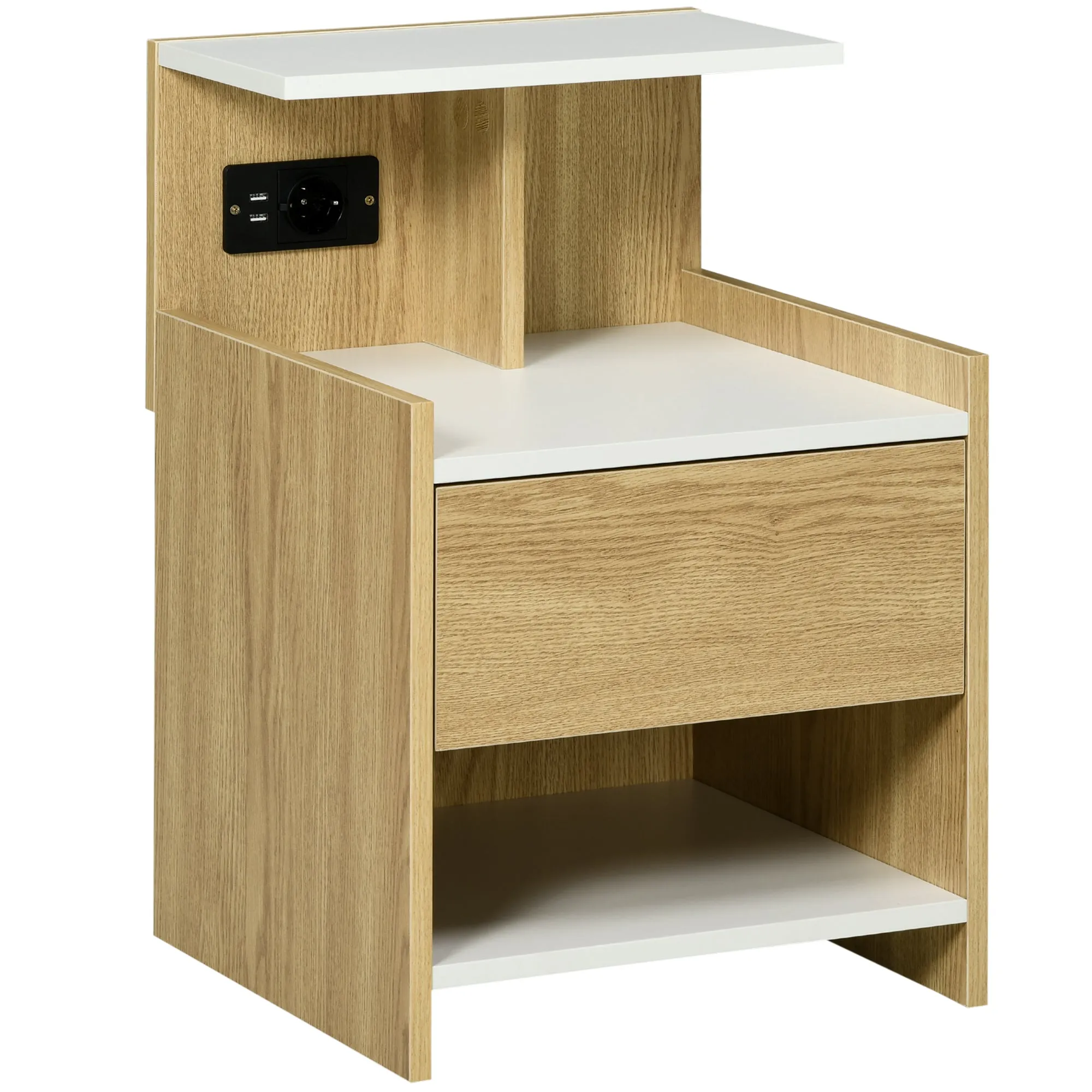 Modern Bedside Table with 2 Sockets, 2 USB Ports and Chipboard Drawer, 40x40x60cm, Wood Color