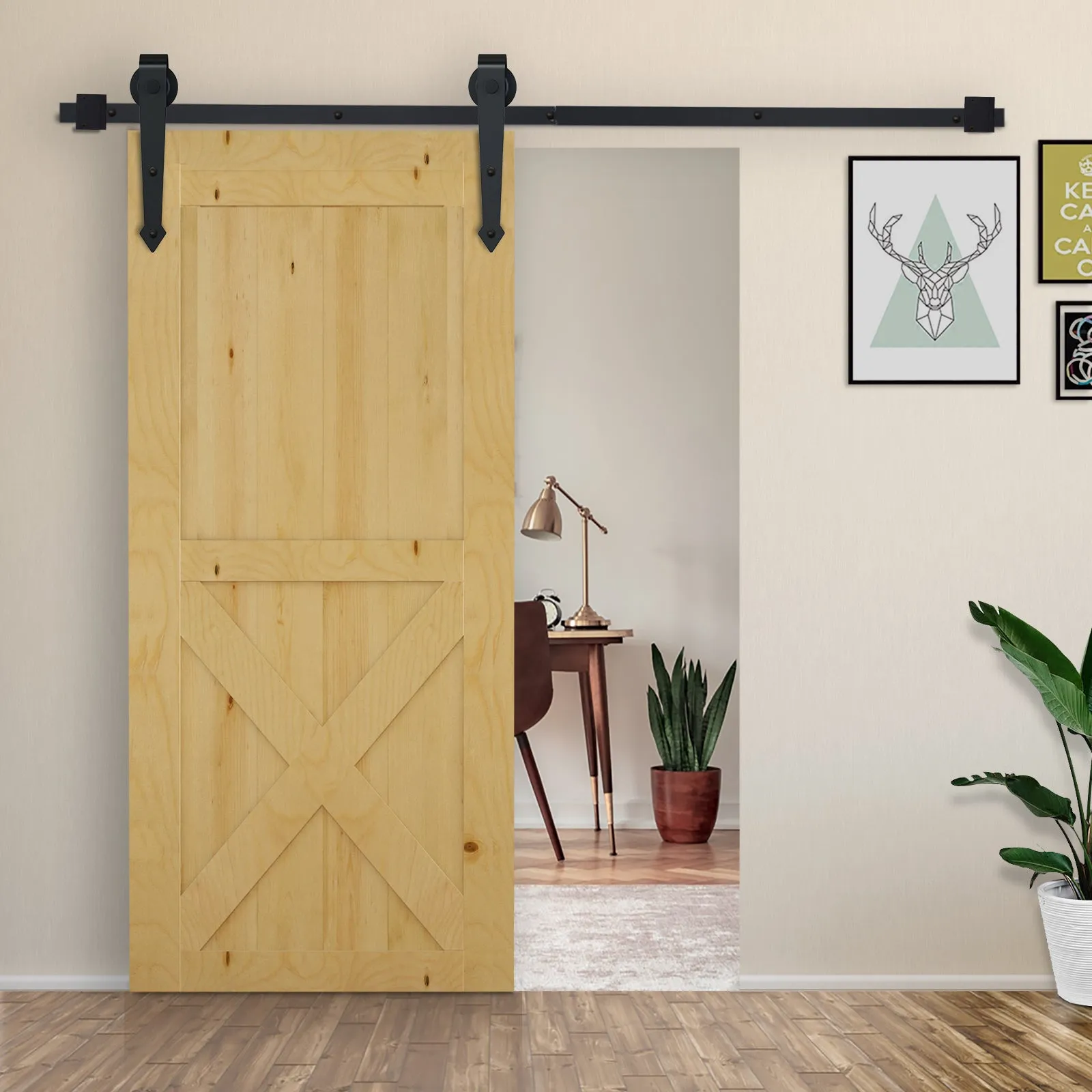 Rustic Sliding Door Kit with 200cm Track and Wheels, Black - Image 2