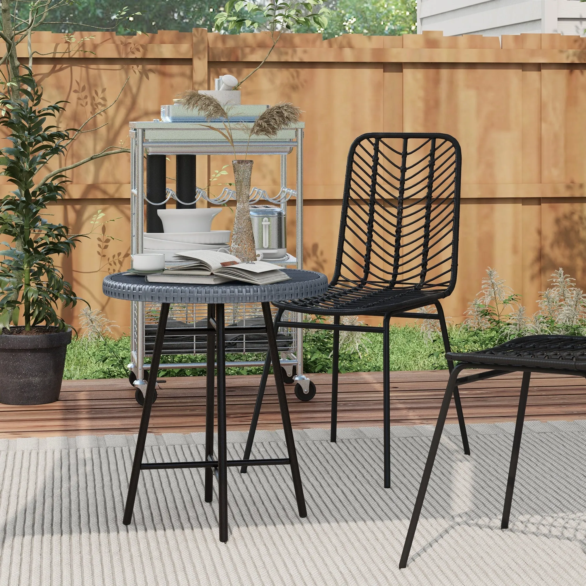 Modern Garden Coffee Table with Wood Plastic Top, Rattan and Steel, 50x50x55 cm, Grey and Black - Image 3