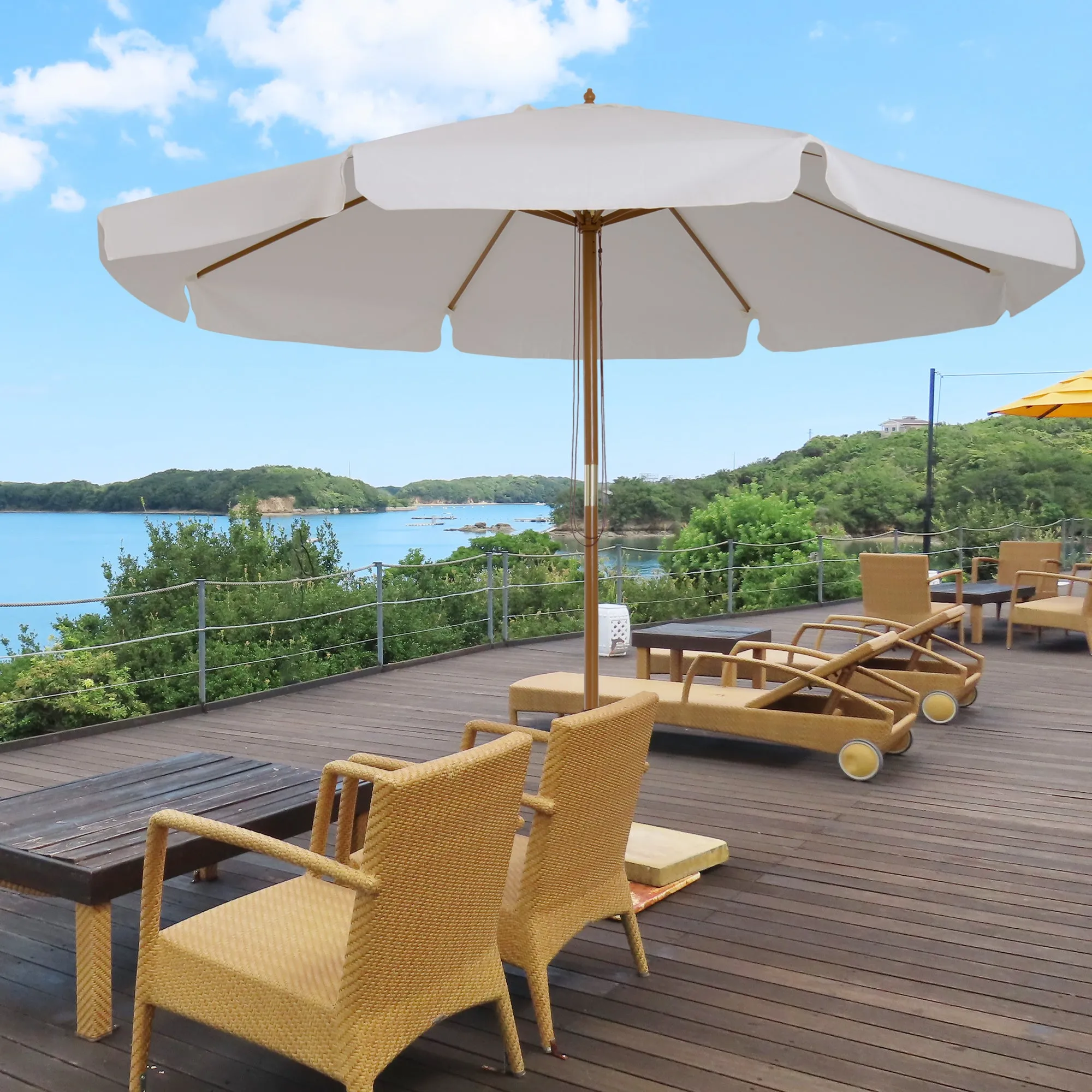 Garden Umbrella with Double Canopy, in Bamboo Wood and Polyester, Ø325x250 cm, Cream - Image 3
