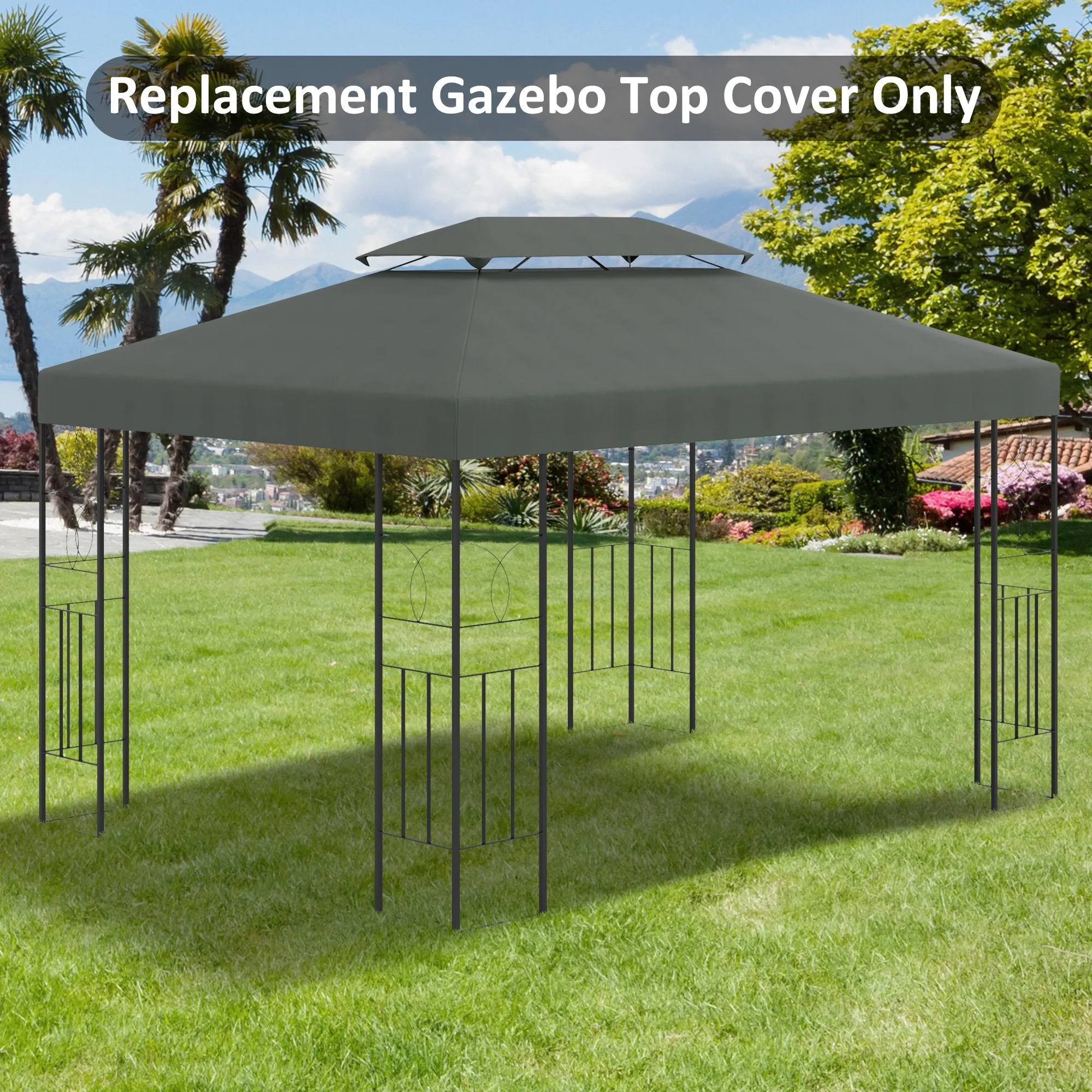 4x3m 2-Tier Polyester Gazebo Cover with Straps and 10 Drain Holes, Dark Grey - Image 2