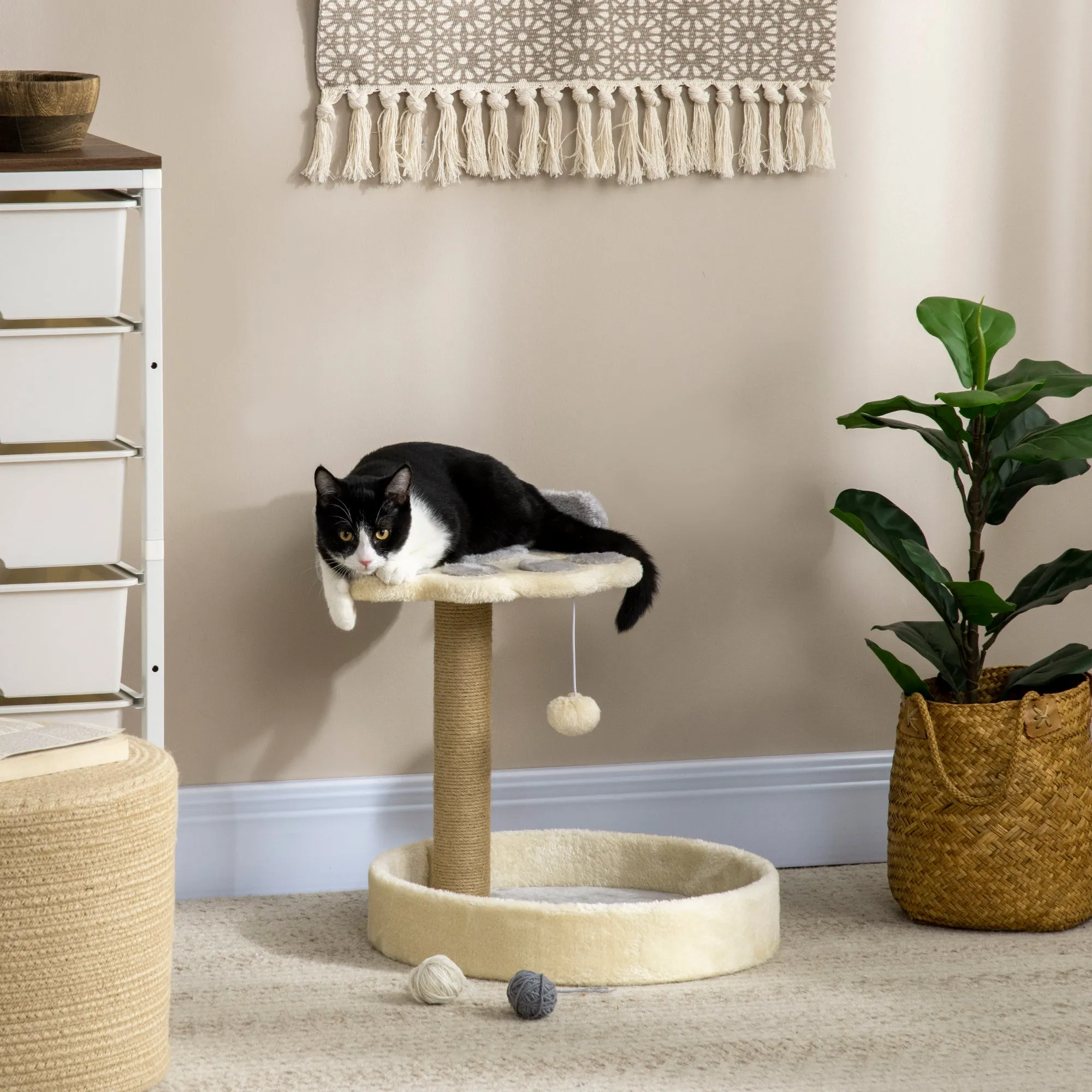 Cat Scratching Post with Beds, Jute Rope and Plush, 41x41x44 cm, Grey and Beige - Image 2