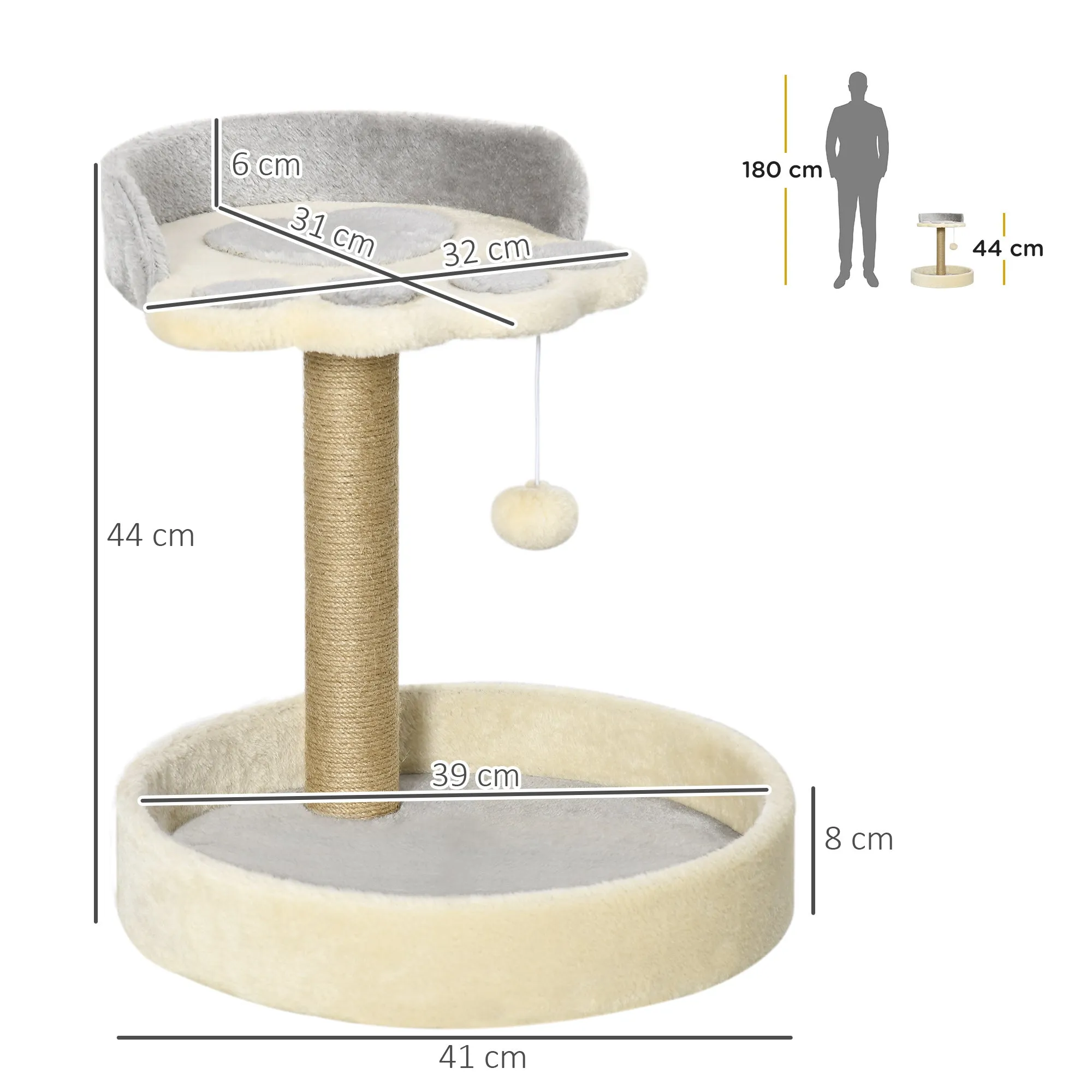 Cat Scratching Post with Beds, Jute Rope and Plush, 41x41x44 cm, Grey and Beige - Image 3