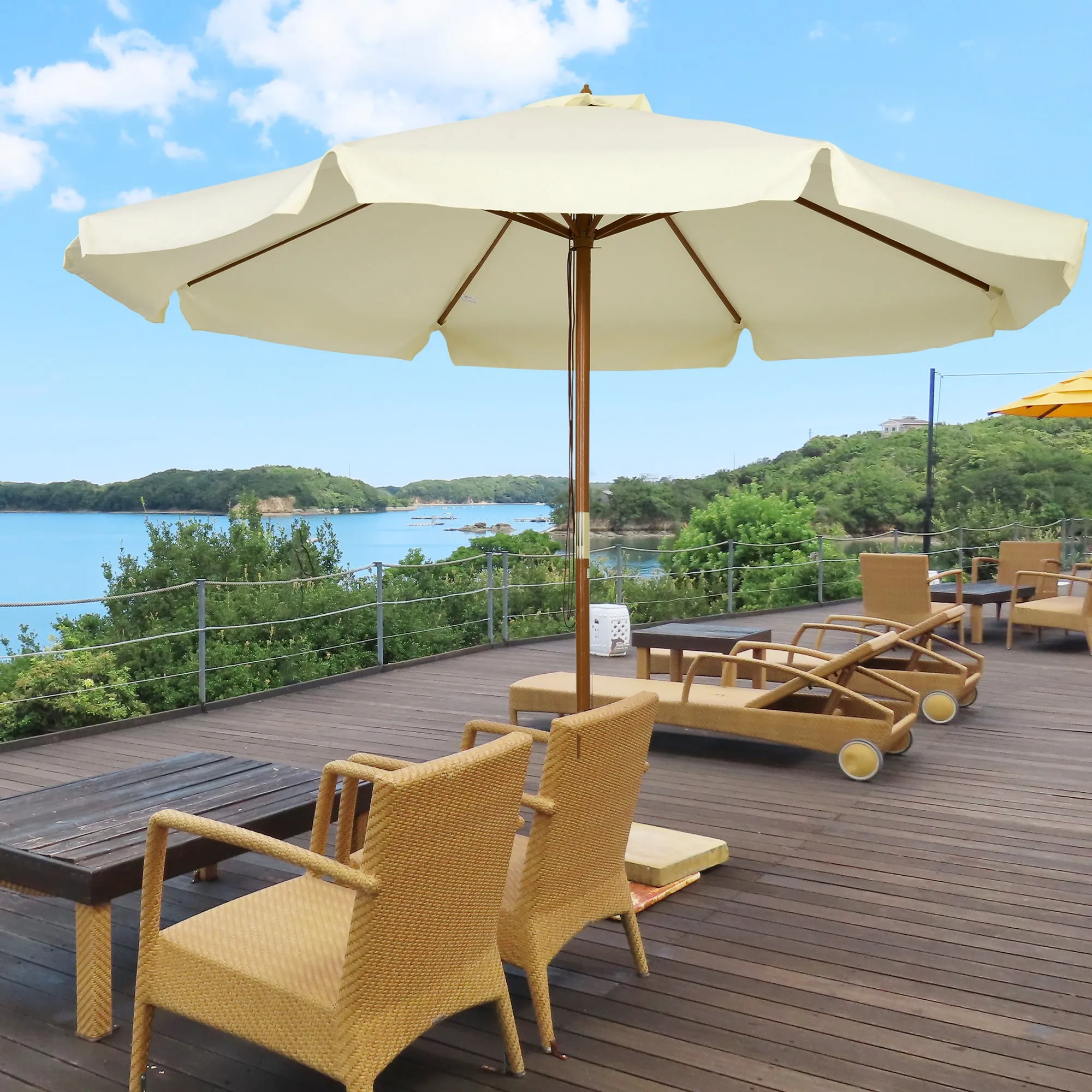 Garden Umbrella with Double Canopy, in Bamboo Wood and Polyester, Ø325x250 cm, Beige - Image 3