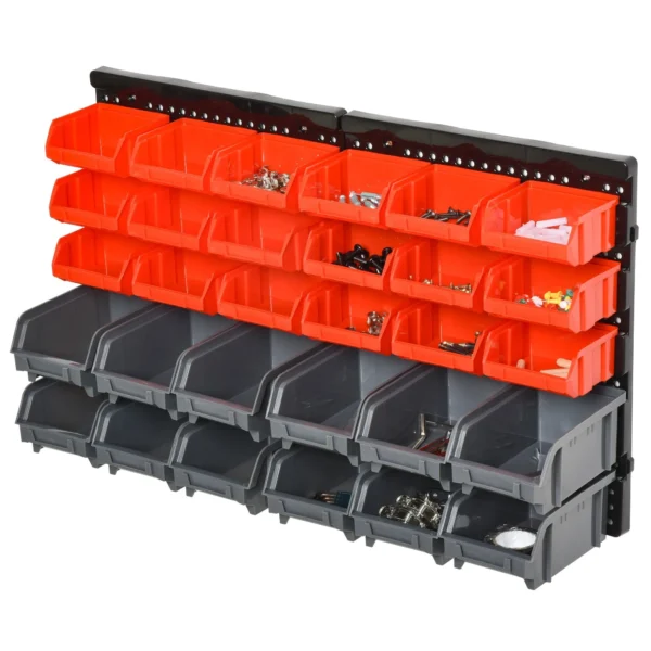 Tool Organizer with 30 Adjustable and Removable Bins, Wall Mounted, PP, Red Grey Black, 37.5x18x63cm