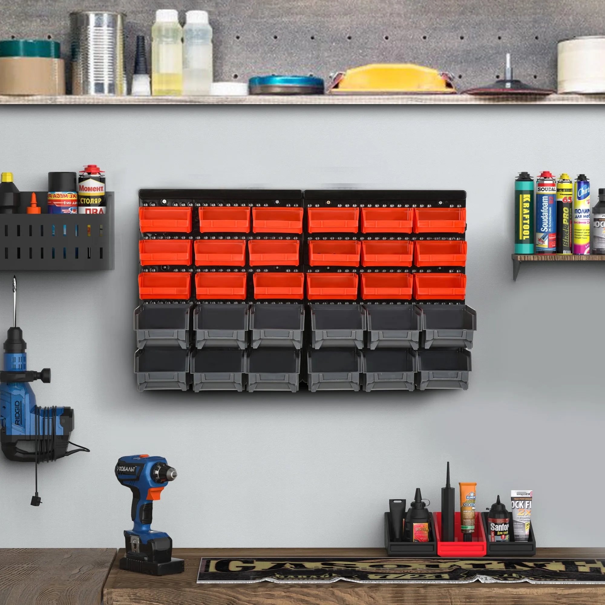 Tool Organizer with 30 Adjustable and Removable Bins, Wall Mounted, PP, Red Grey Black, 37.5x18x63cm - Image 2