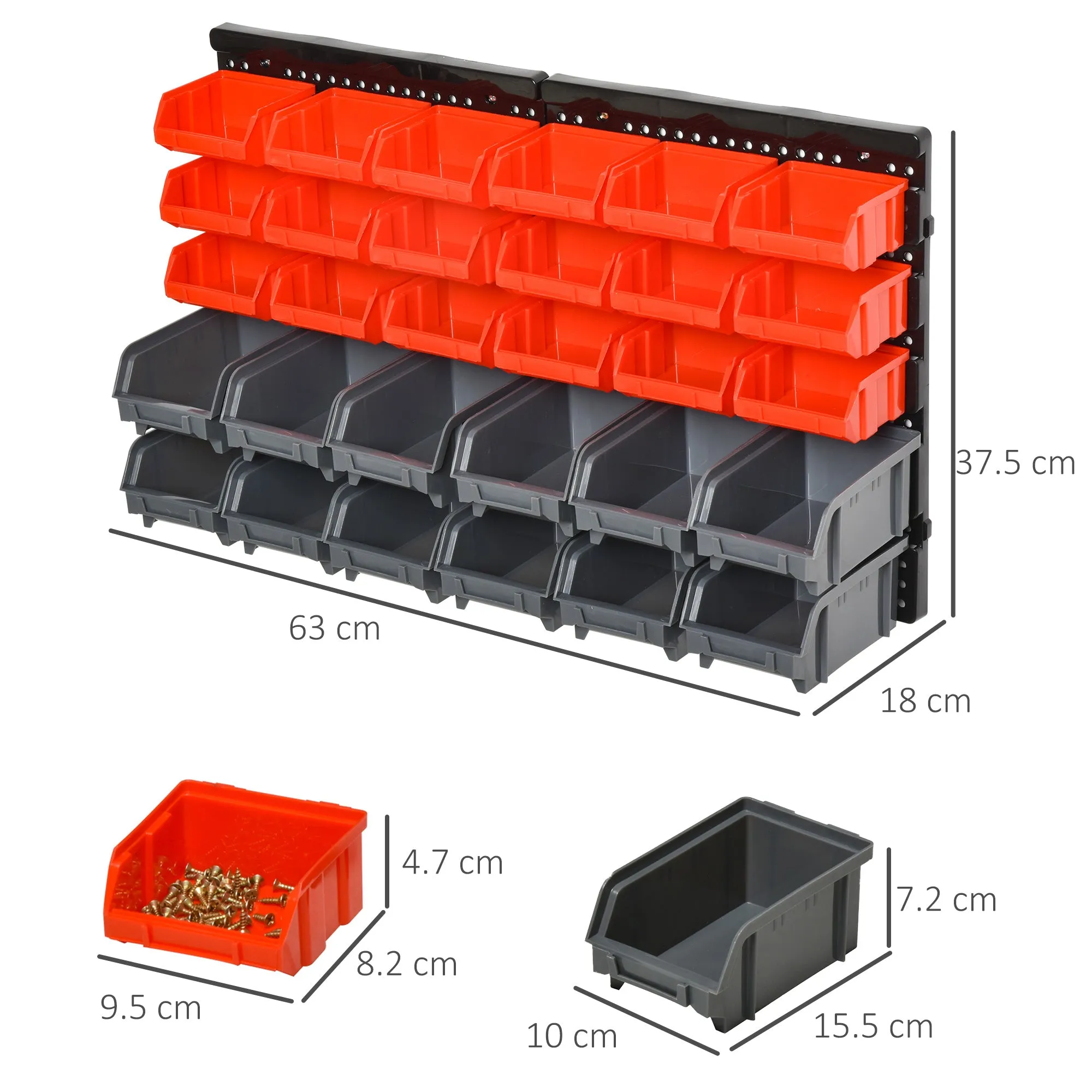Tool Organizer with 30 Adjustable and Removable Bins, Wall Mounted, PP, Red Grey Black, 37.5x18x63cm - Image 3