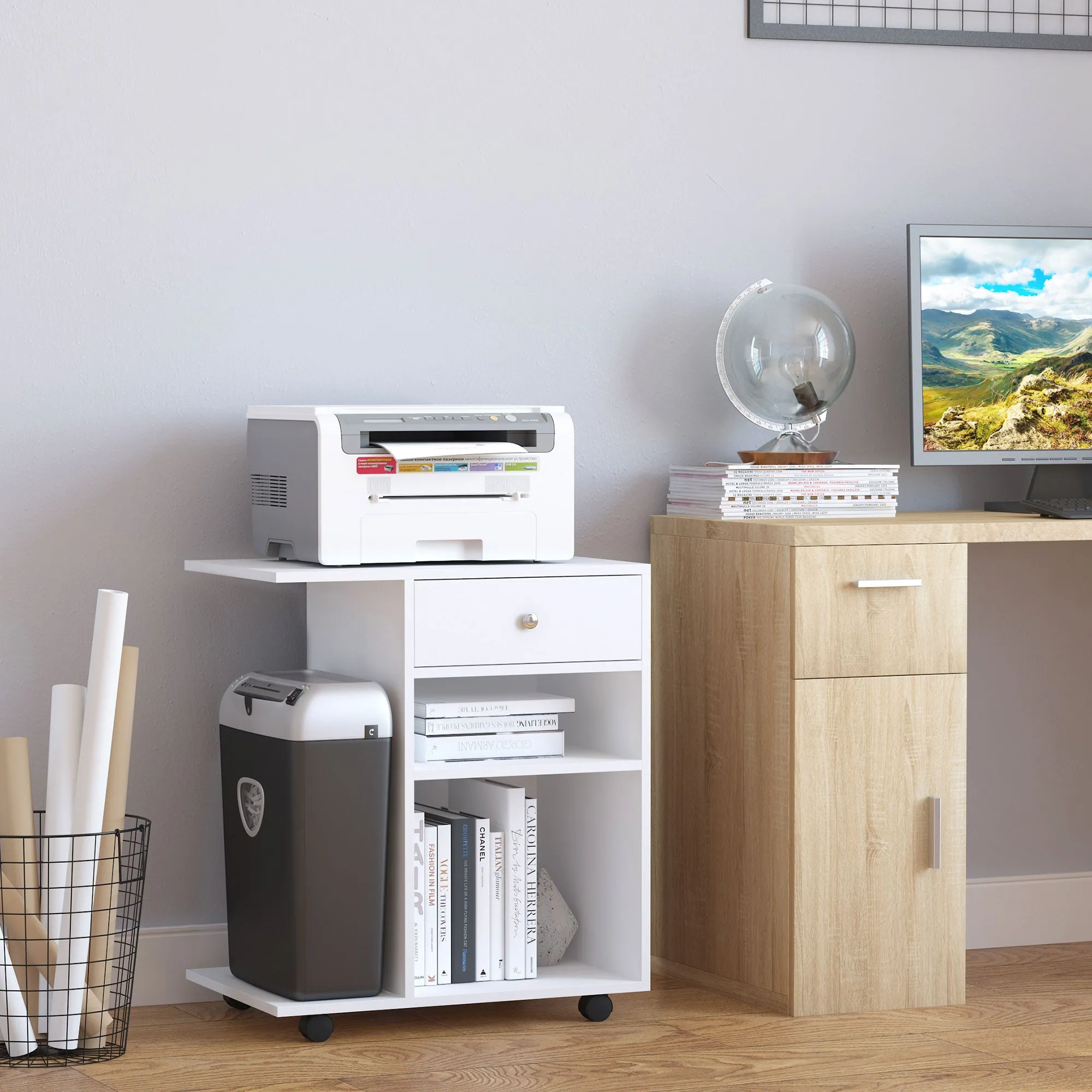 Wooden Printer Cabinet with 4 Wheels, Adjustable Shelf and CPU Tray, White - Image 2