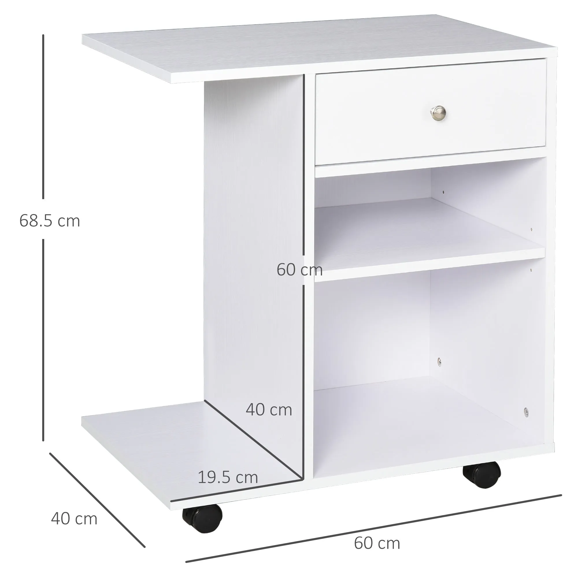 Wooden Printer Cabinet with 4 Wheels, Adjustable Shelf and CPU Tray, White - Image 3