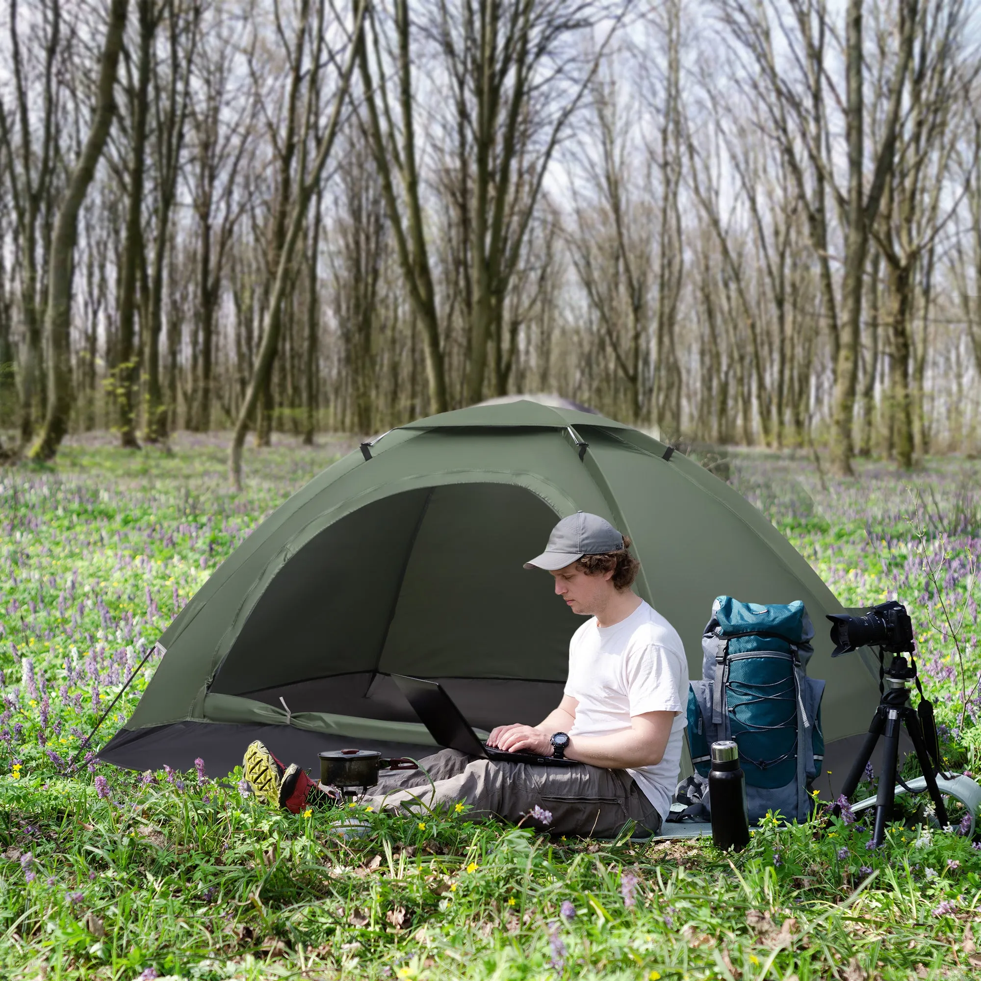 Igloo Camping Tent with Zipper Door, Mosquito Net and Mesh Windows, 206x152x110 cm, Green - Image 2