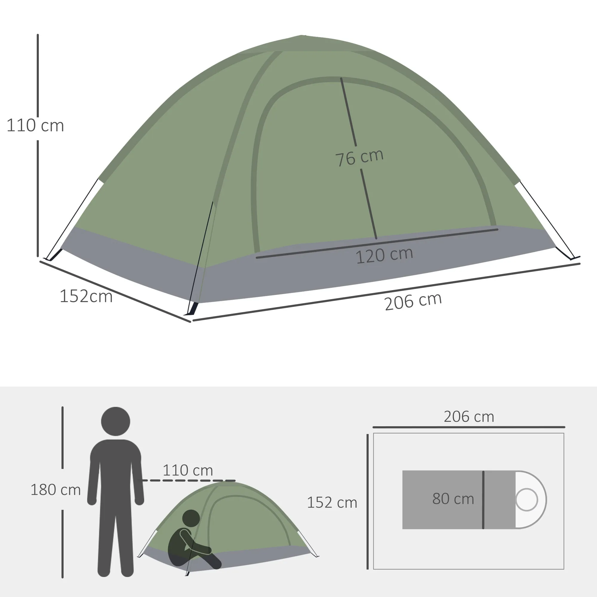 Igloo Camping Tent with Zipper Door, Mosquito Net and Mesh Windows, 206x152x110 cm, Green - Image 3
