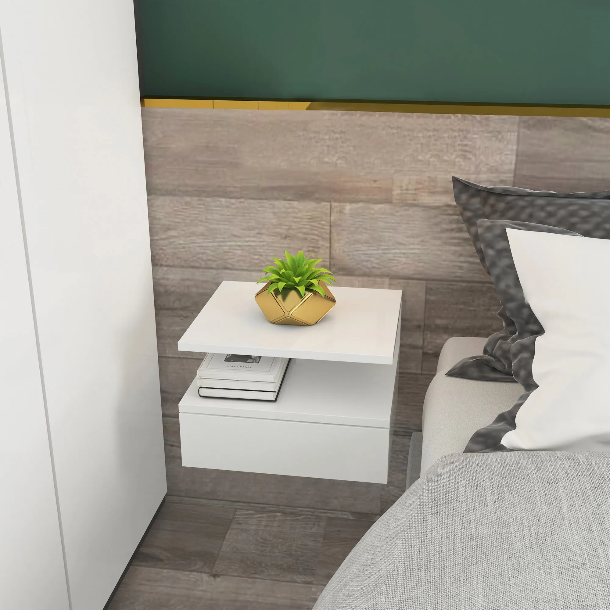 Set of 2 Floating Nightstands for Bedroom with Drawer and Top Shelf in Wood 35x32x22.5cm - Image 2