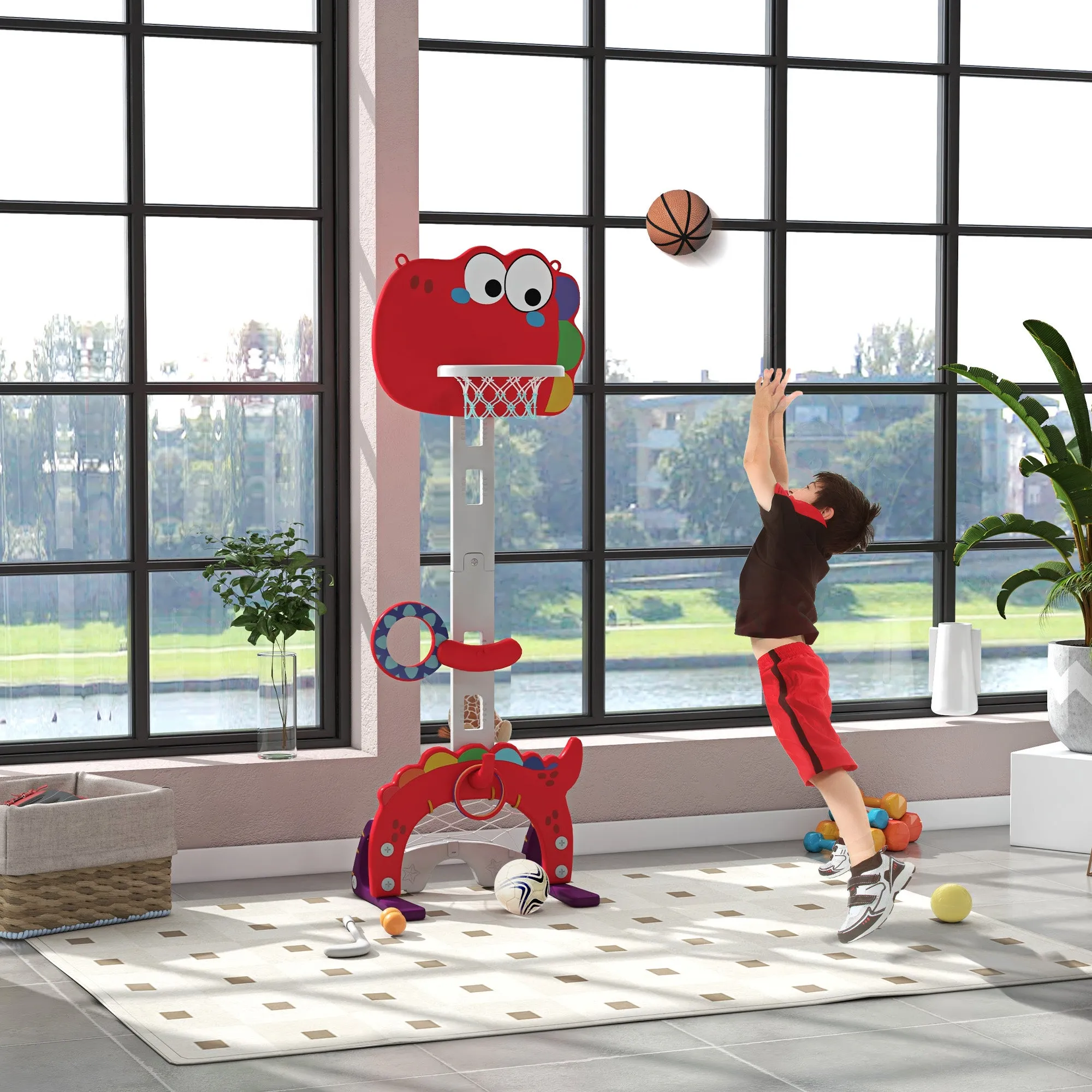 5-in-1 Kids Basketball Hoop with Adjustable Height, Soccer Goal and Golf Ball, Ages 3-6 Years, Red - Image 2