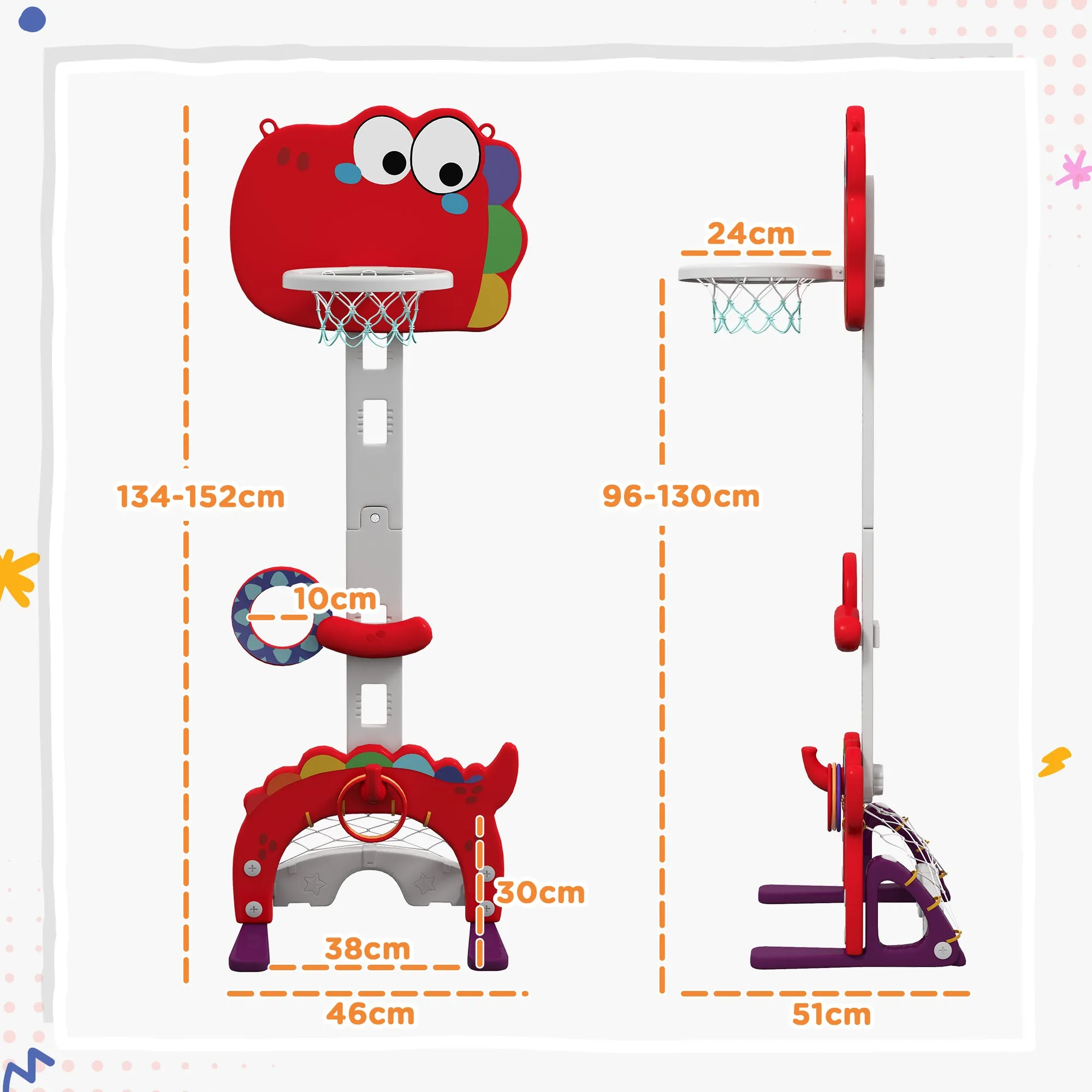 5-in-1 Kids Basketball Hoop with Adjustable Height, Soccer Goal and Golf Ball, Ages 3-6 Years, Red - Image 3
