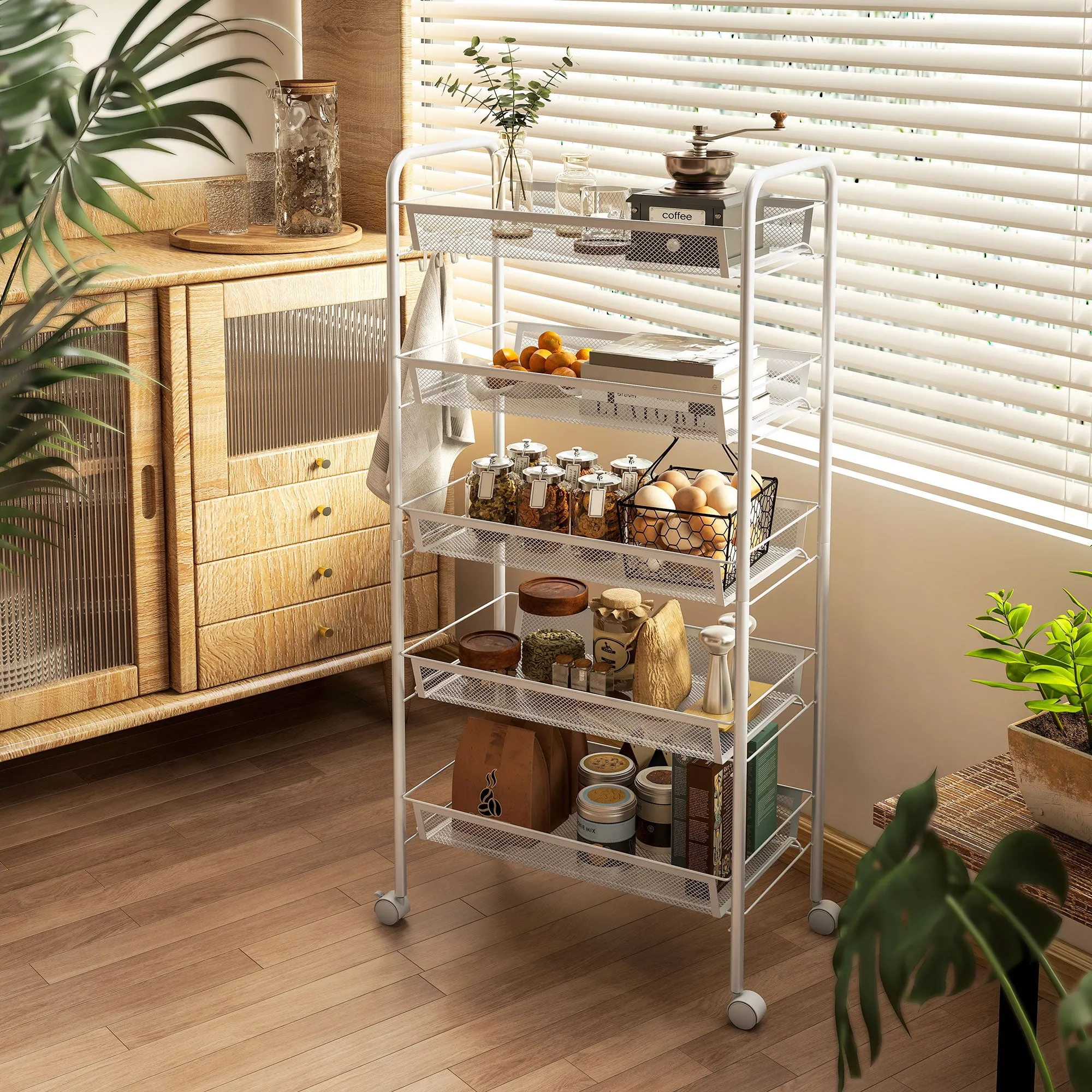 5-Tier Space-Saving Kitchen Cart with Steel Mesh Baskets, 45x26.5x106cm, White - Image 2
