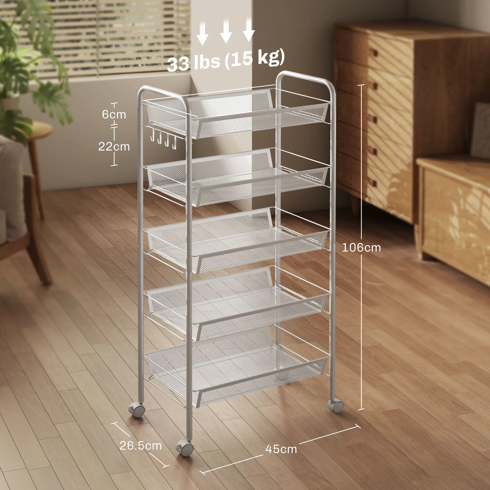 5-Tier Space-Saving Kitchen Cart with Steel Mesh Baskets, 45x26.5x106cm, White - Image 3