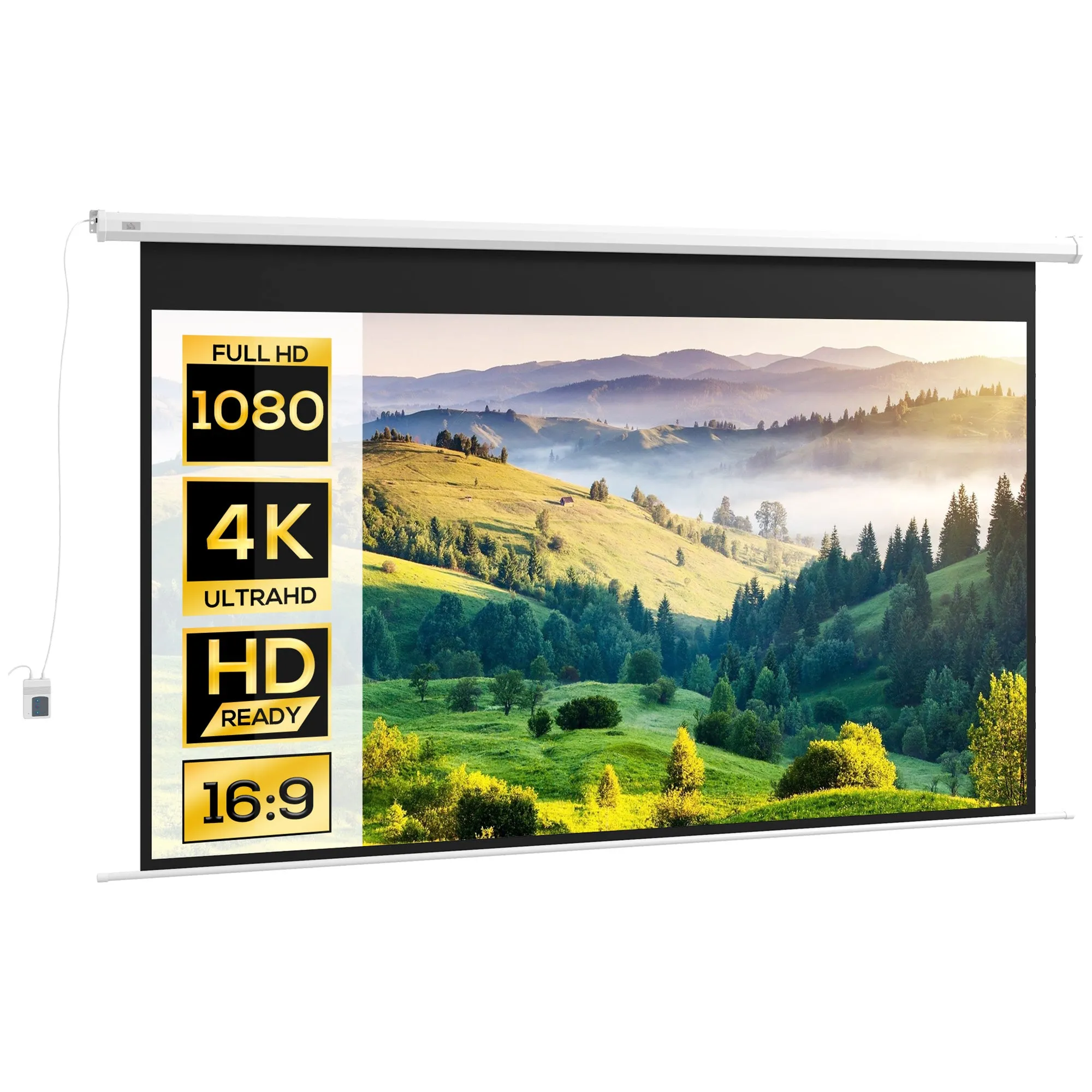 Motorized Projector Screen 120" 16:9 with Remote Control, Wall and Ceiling Mount, White