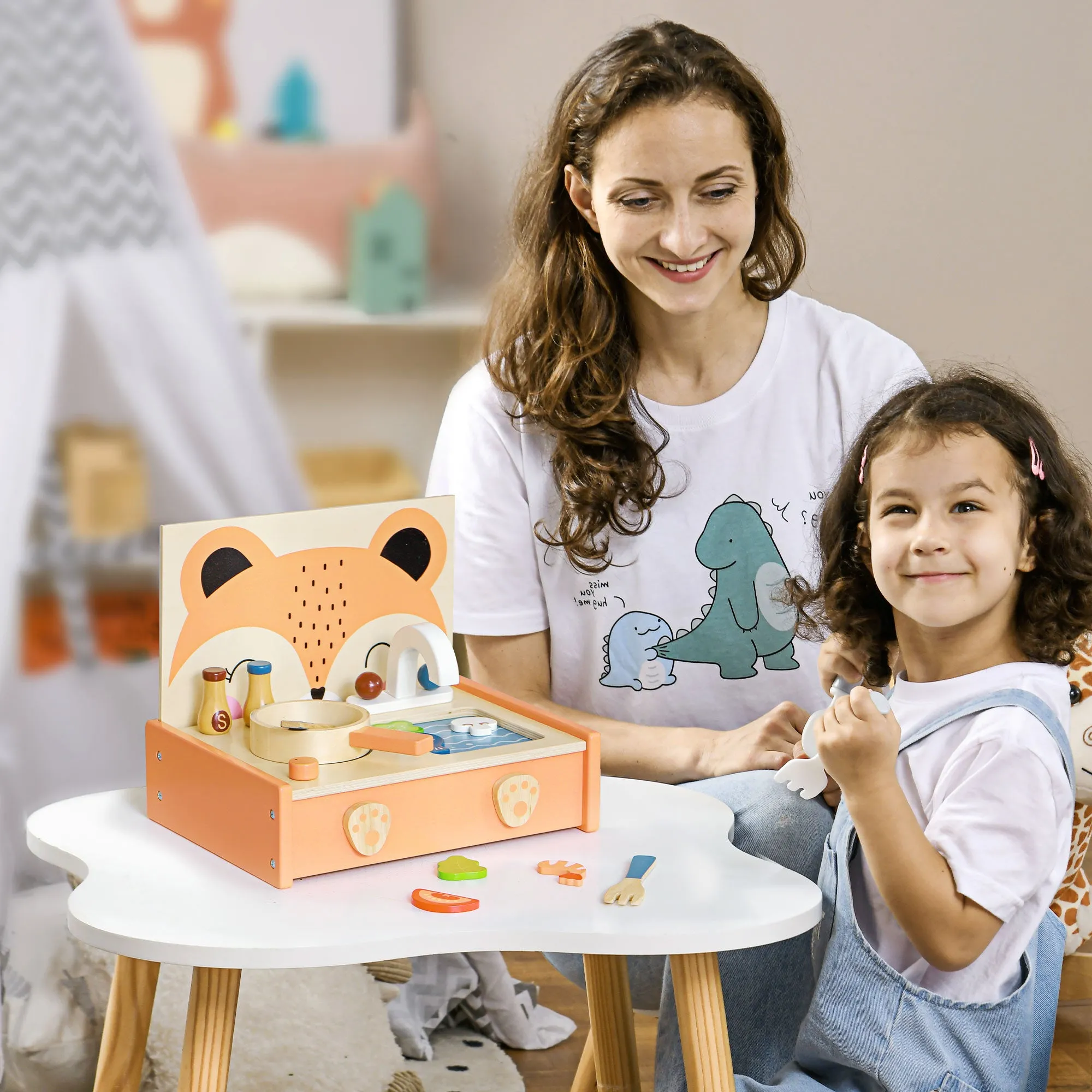 Toy Kitchen for Children 3-5 Years with Stove and 12 Wooden Accessories, Multicolo - Image 2