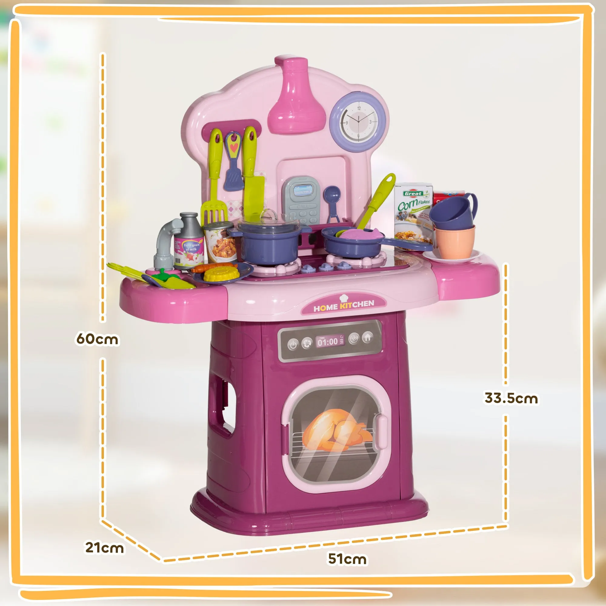 Toy Kitchen for Children 3-6 Years with 38 Accessories and Realistic Sounds, in PP and ABS, 51x21x60 cm, Pink - Image 2
