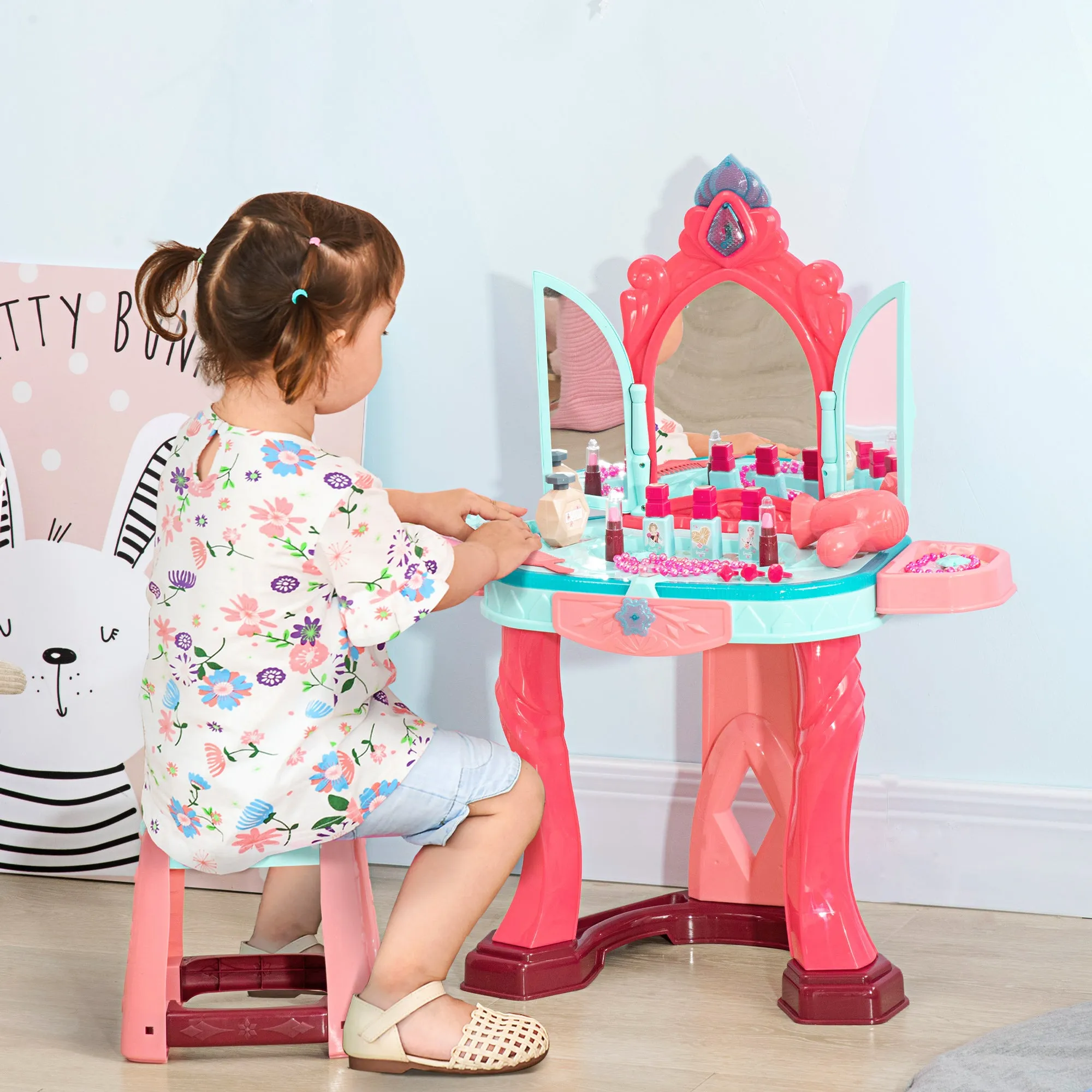 Dressing Table for Girls with Stool, Mirror, Lights and Accessories, in PP and GPPS, 57x34x76 cm, Multicolor - Image 2