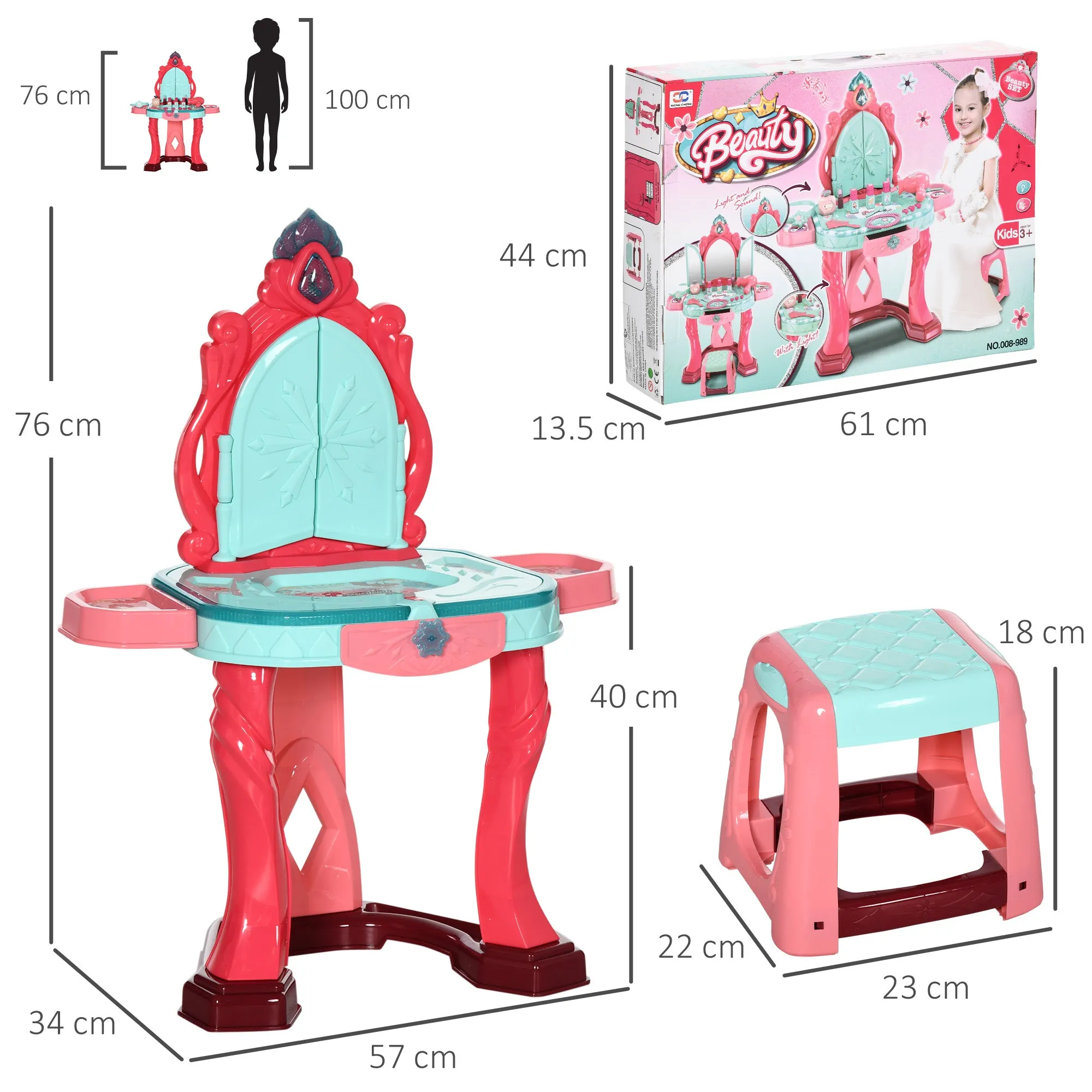 Dressing Table for Girls with Stool, Mirror, Lights and Accessories, in PP and GPPS, 57x34x76 cm, Multicolor - Image 3