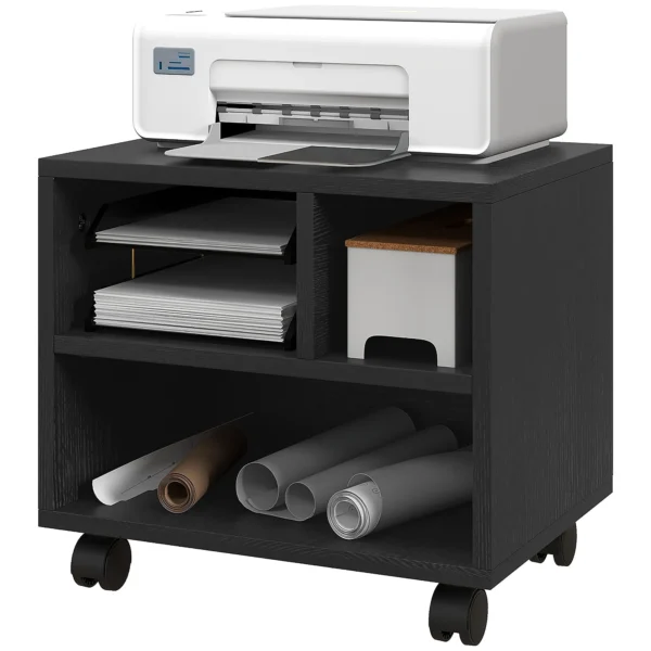 Printer Stand with 3 Compartments and Wheels for Office and Study, 40x30x36cm, Black