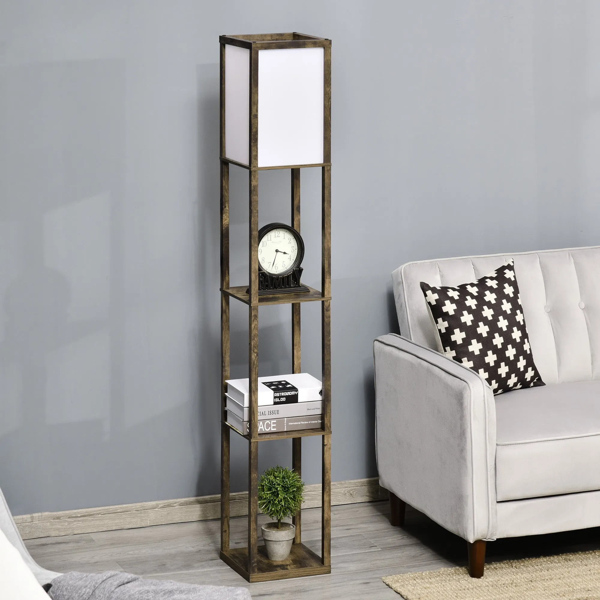 Floor Lamp with 3 Integrated Shelves, E27 Socket, Power 40W, 26x26x160cm, Wood Color - Image 2