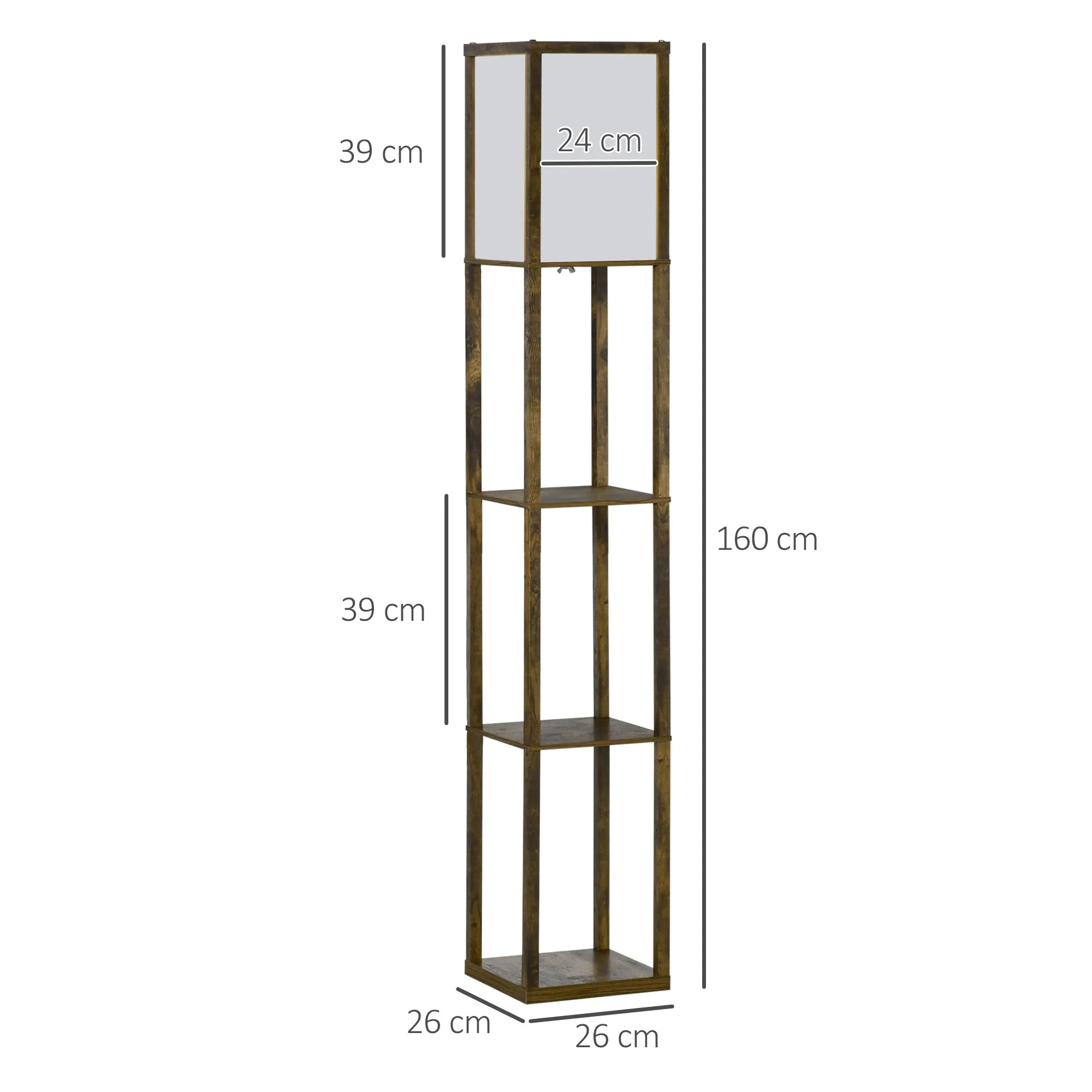 Floor Lamp with 3 Integrated Shelves, E27 Socket, Power 40W, 26x26x160cm, Wood Color - Image 3