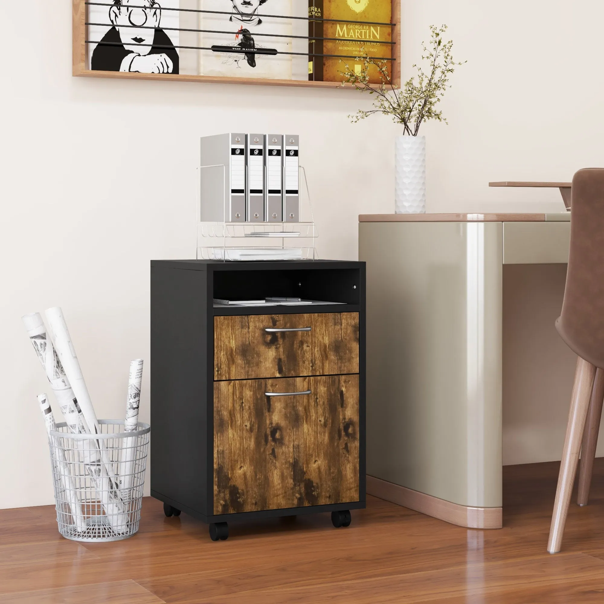 File Cabinet with Drawer and Shelf, 4 Wheels, 40x35x60cm, Brown and Black - Image 2