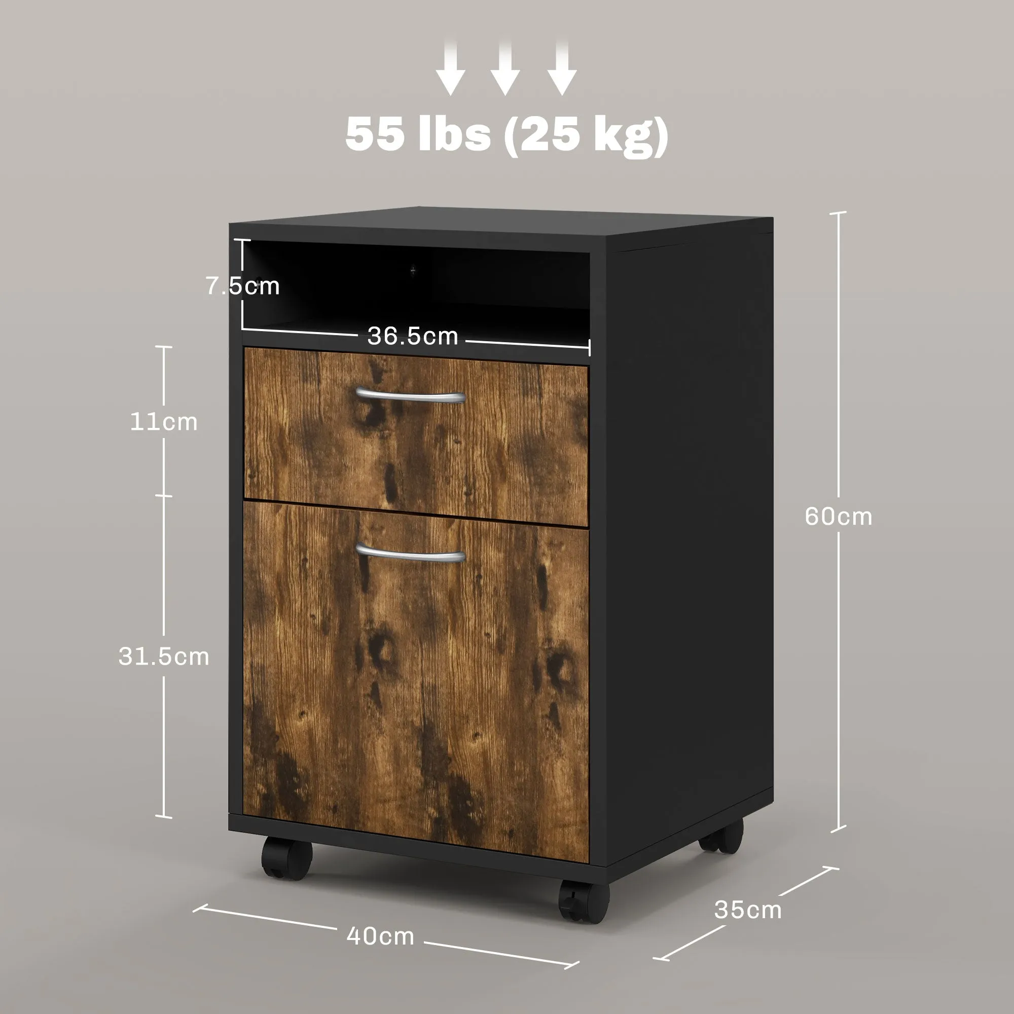 File Cabinet with Drawer and Shelf, 4 Wheels, 40x35x60cm, Brown and Black - Image 3