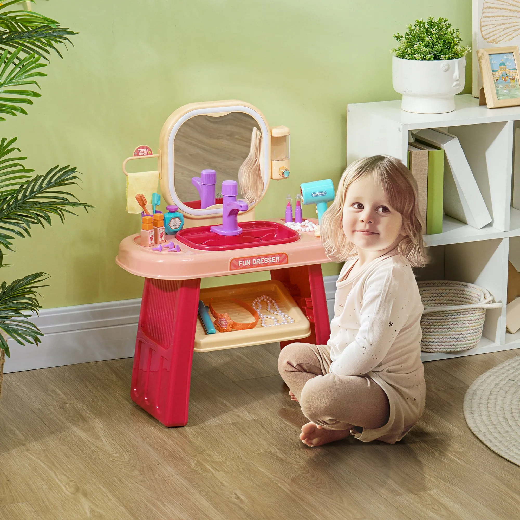 Dressing Table for Girls 3-6 Years with Acrylic Mirror and Faucet, PP and GPPS, 55x29x71 cm, Pink - Image 2