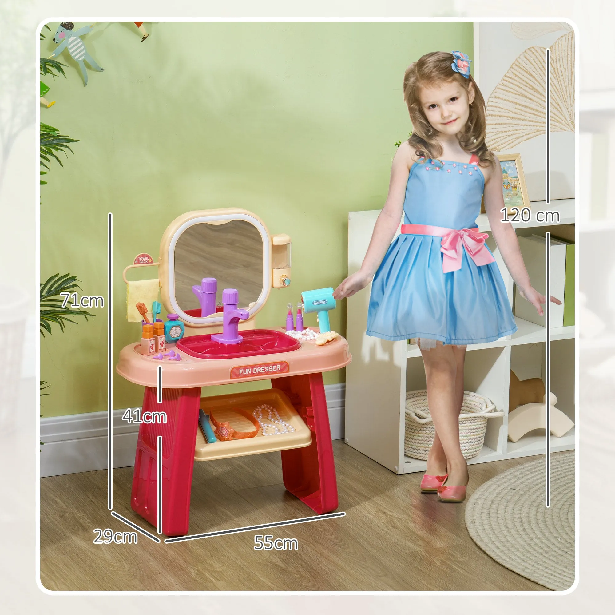 Dressing Table for Girls 3-6 Years with Acrylic Mirror and Faucet, PP and GPPS, 55x29x71 cm, Pink - Image 3