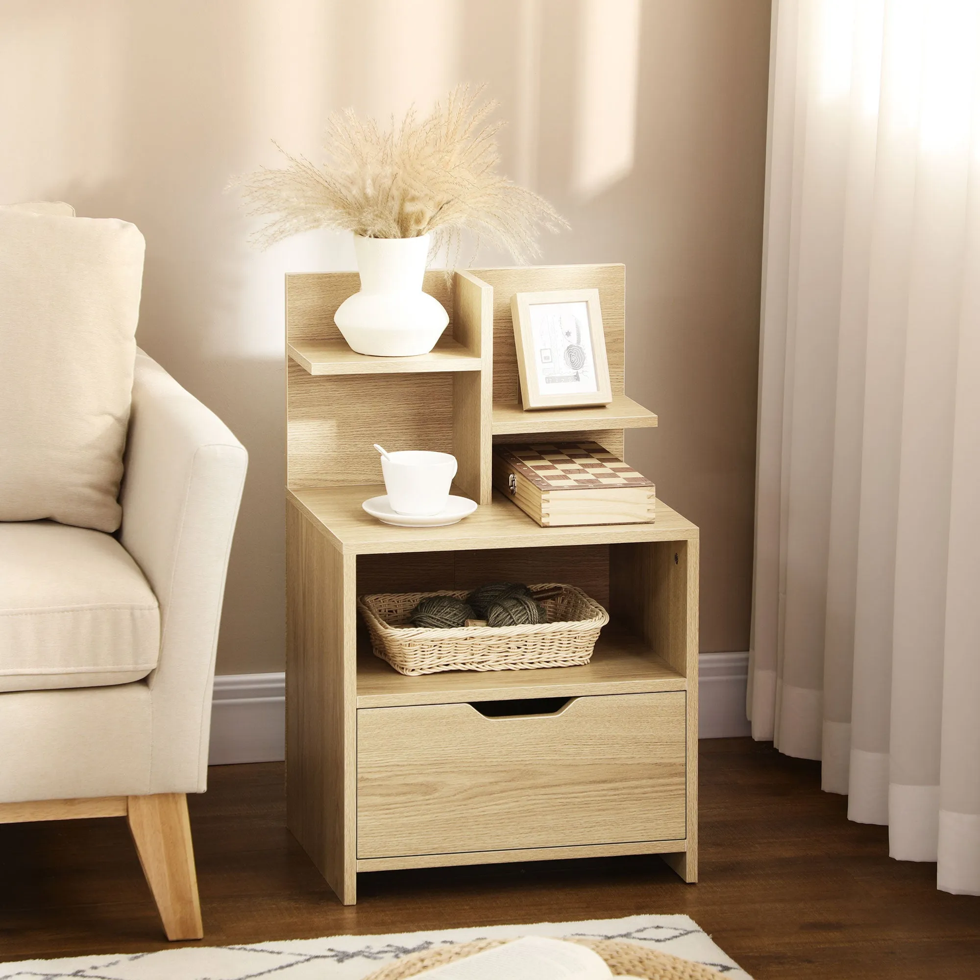 Bedside Table with 2 Open Shelves and Drawer in Chipboard for Bedroom and Living Room, 45x35x73 cm - Image 2