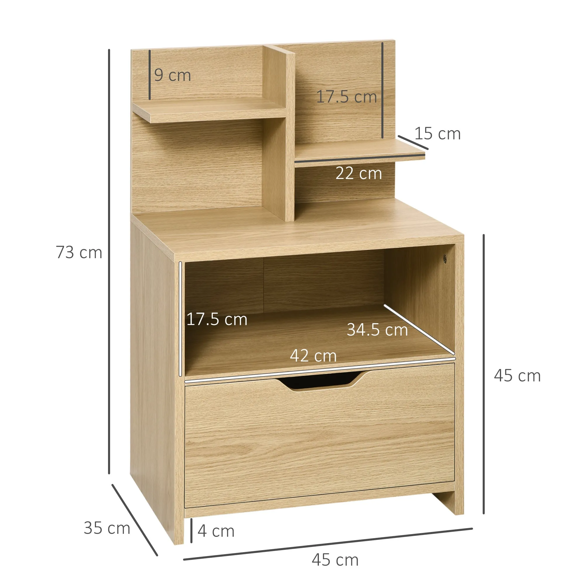Bedside Table with 2 Open Shelves and Drawer in Chipboard for Bedroom and Living Room, 45x35x73 cm - Image 3