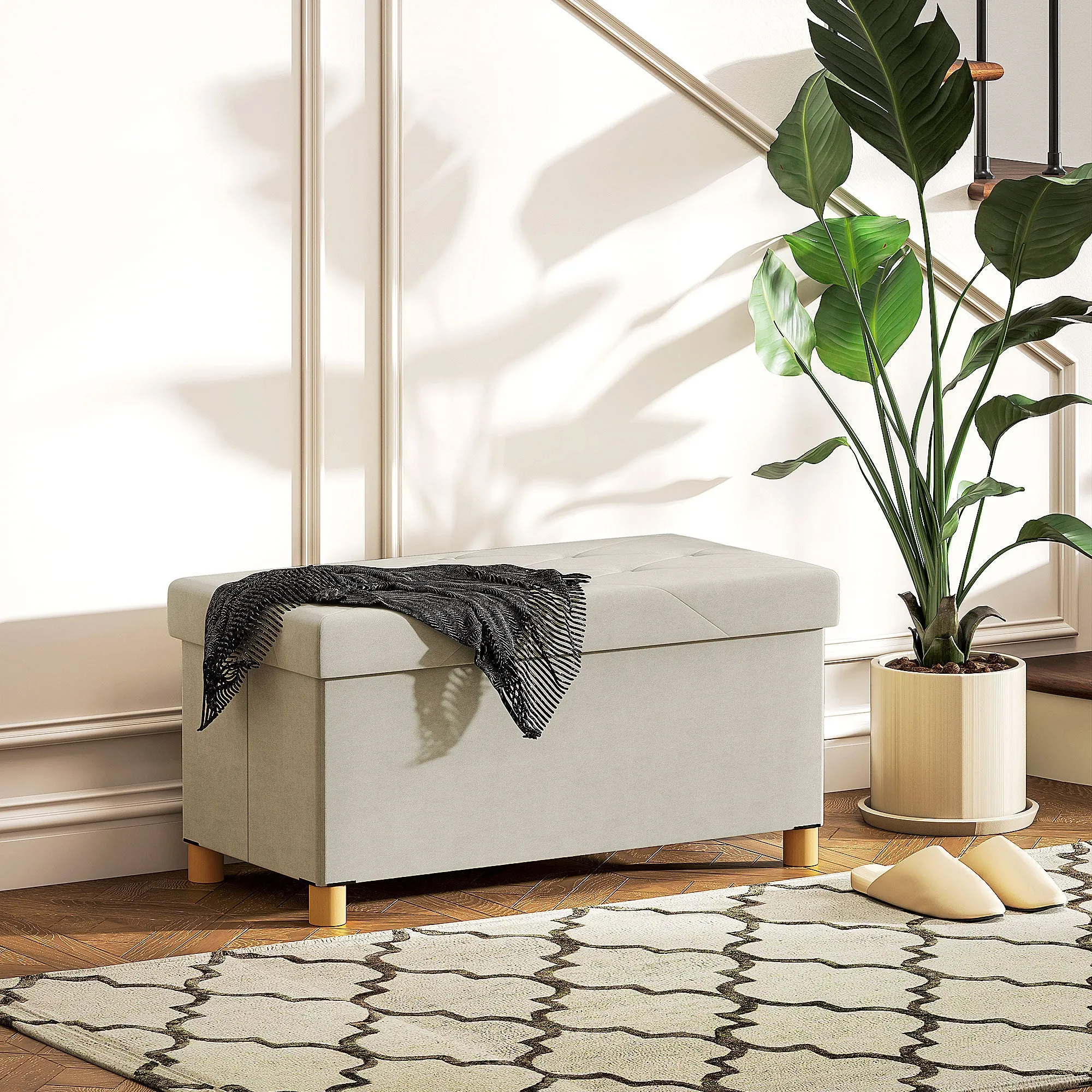 Storage Bench 67L , Padded Lid and Velvet Lining, 76x38x38cm, Cream - Image 2