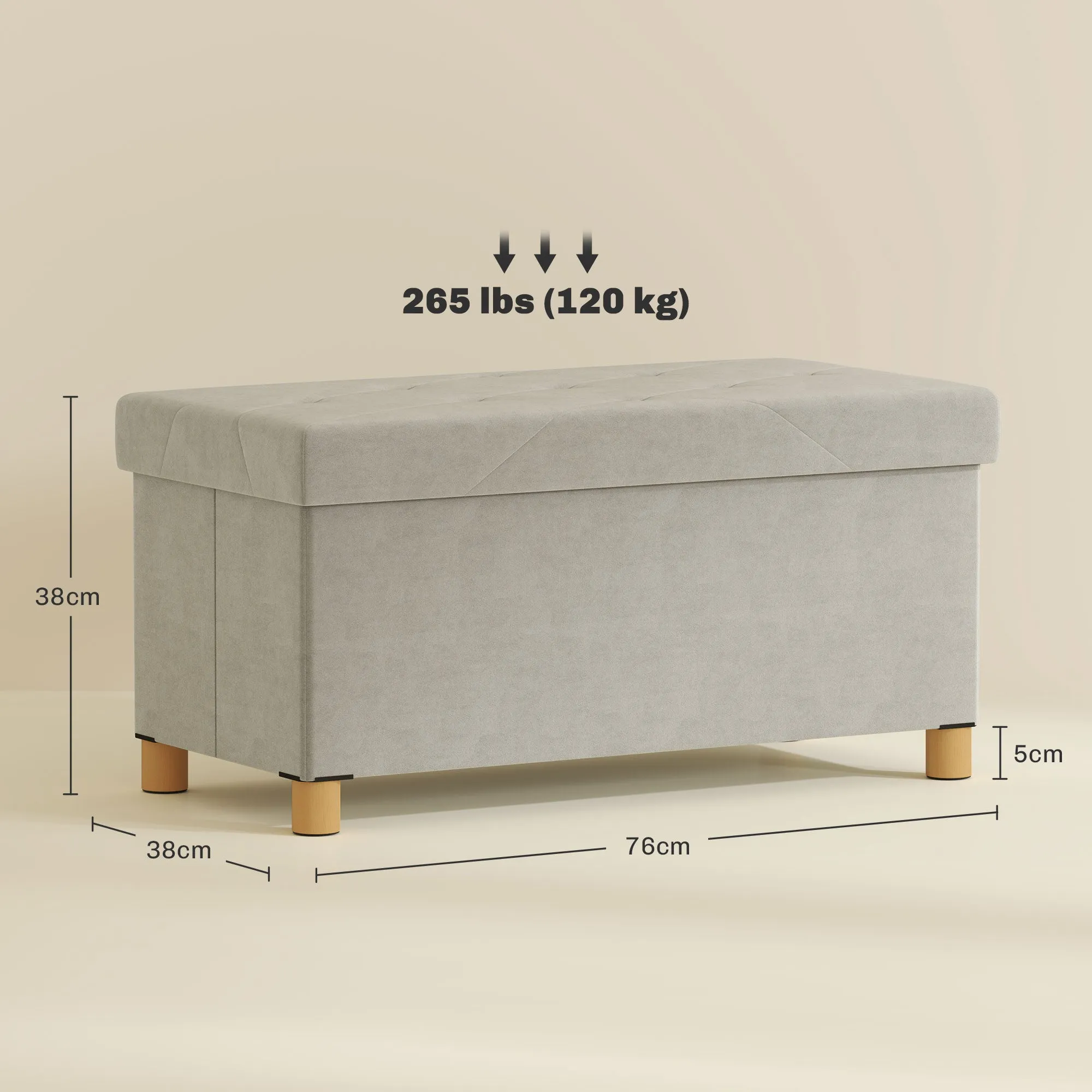 Storage Bench 67L , Padded Lid and Velvet Lining, 76x38x38cm, Cream - Image 3