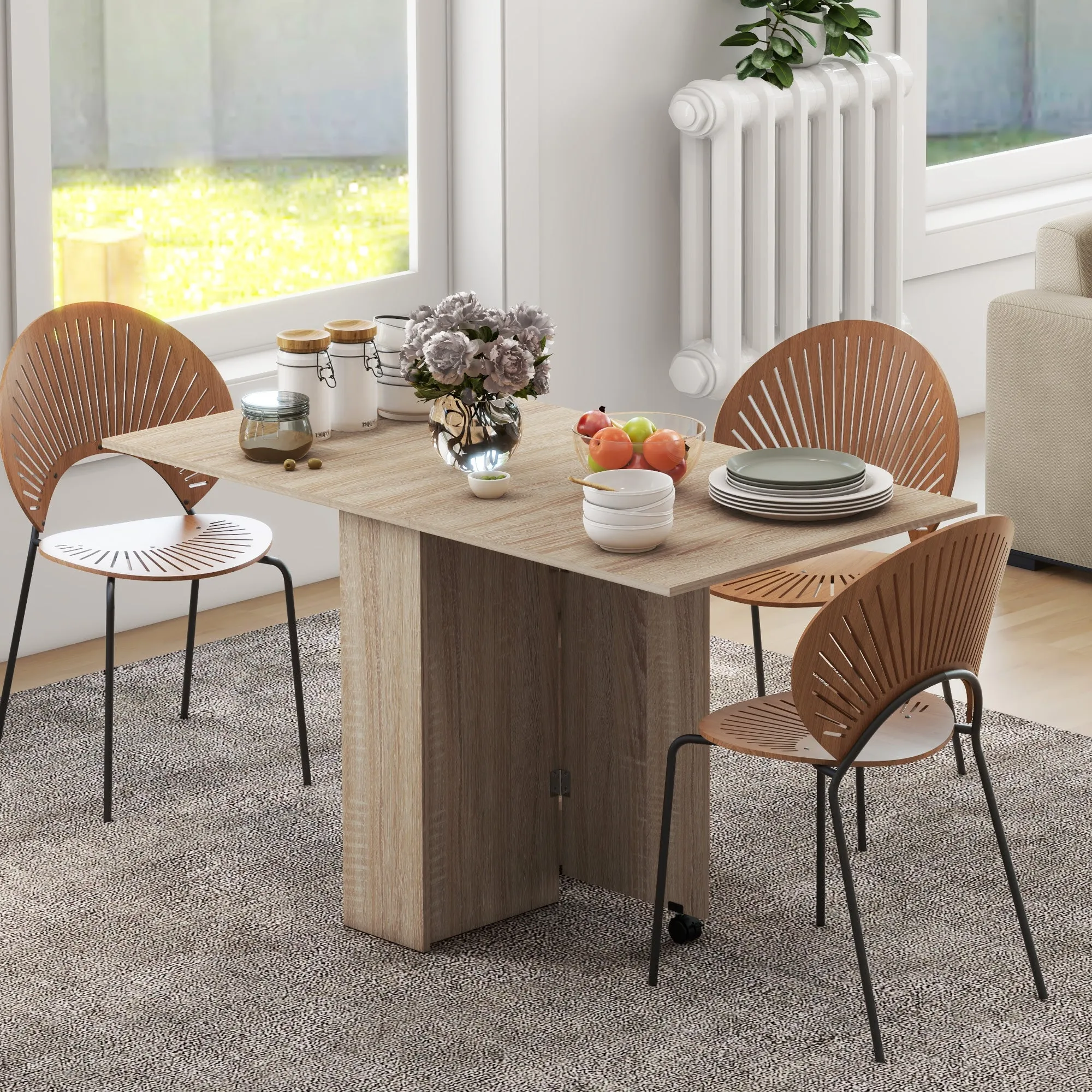LEAF - Foldable Table with 2 Flaps for 6 People with Shelves and Integrated Wheels, Natural Wood - Image 2