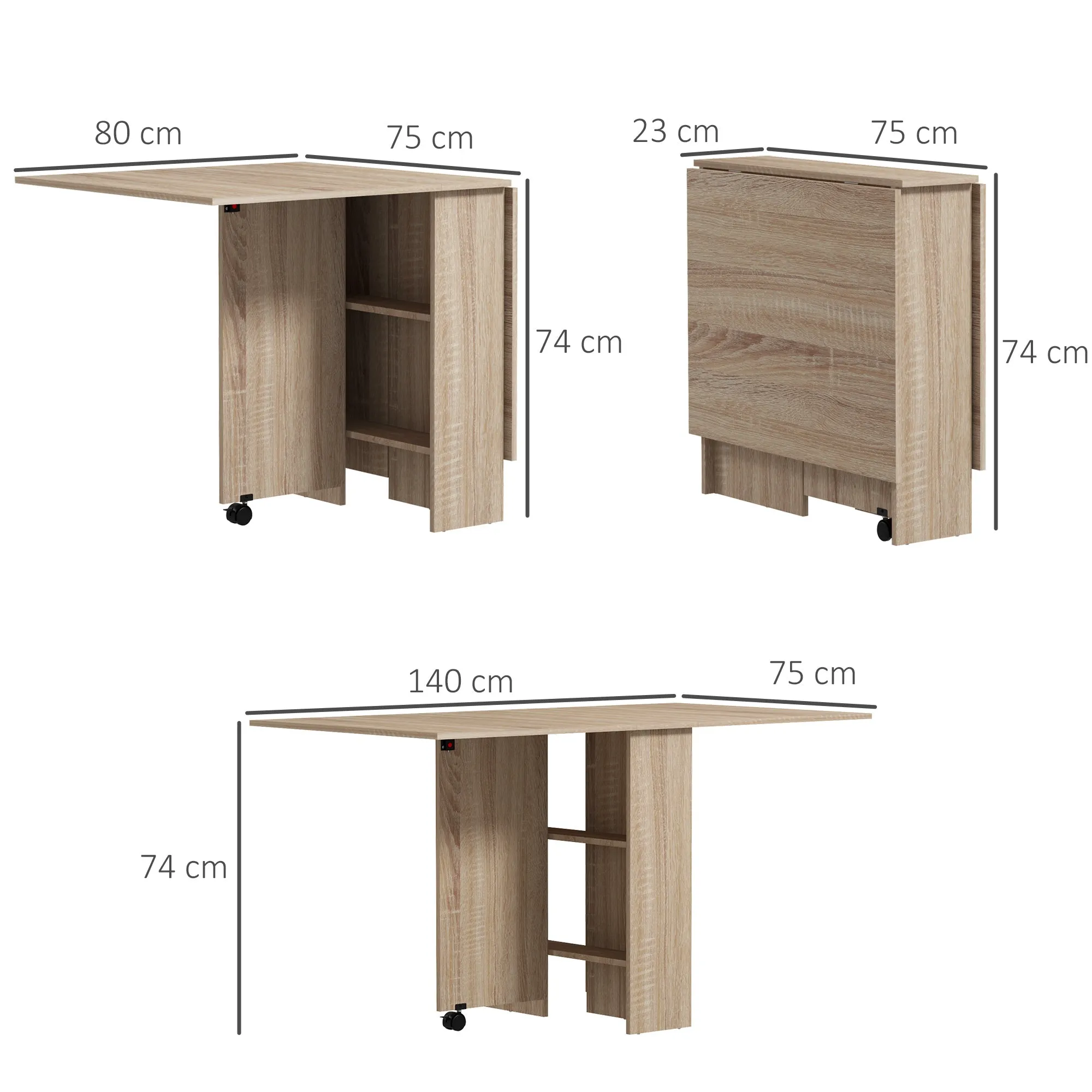 LEAF - Foldable Table with 2 Flaps for 6 People with Shelves and Integrated Wheels, Natural Wood - Image 3