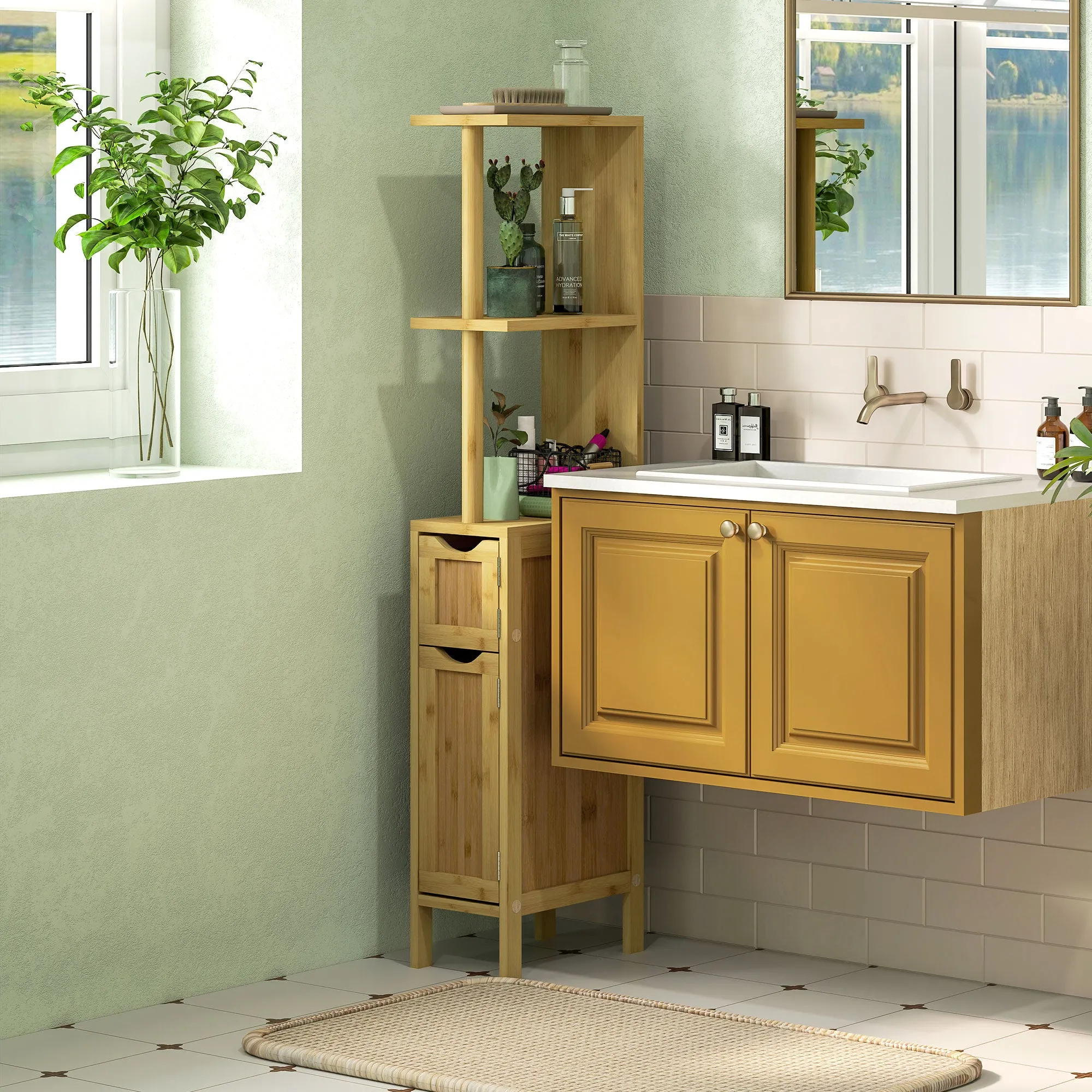Bathroom Column with Open Shelves and Cabinets with Magnetic Doors, 18x30x120 cm, Wood Color - Image 2