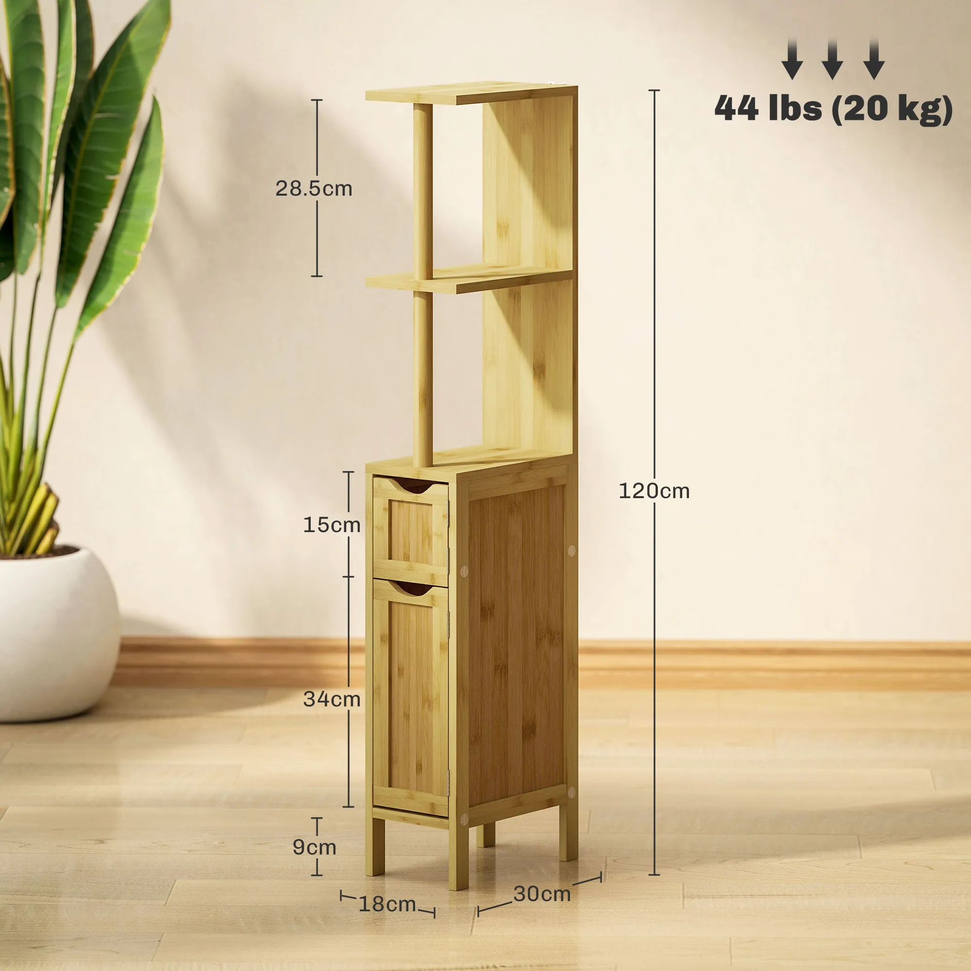 Bathroom Column with Open Shelves and Cabinets with Magnetic Doors, 18x30x120 cm, Wood Color - Image 3