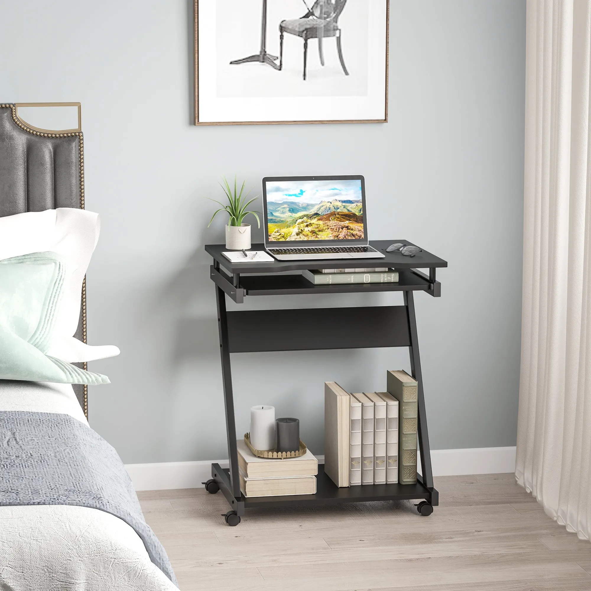Classic Space-Saving Computer Desk, Kids Bedroom Desk with Retractable Keyboard Tray, 4 Wheels and Lower Shelf, Black 60x48x73cm - Image 2