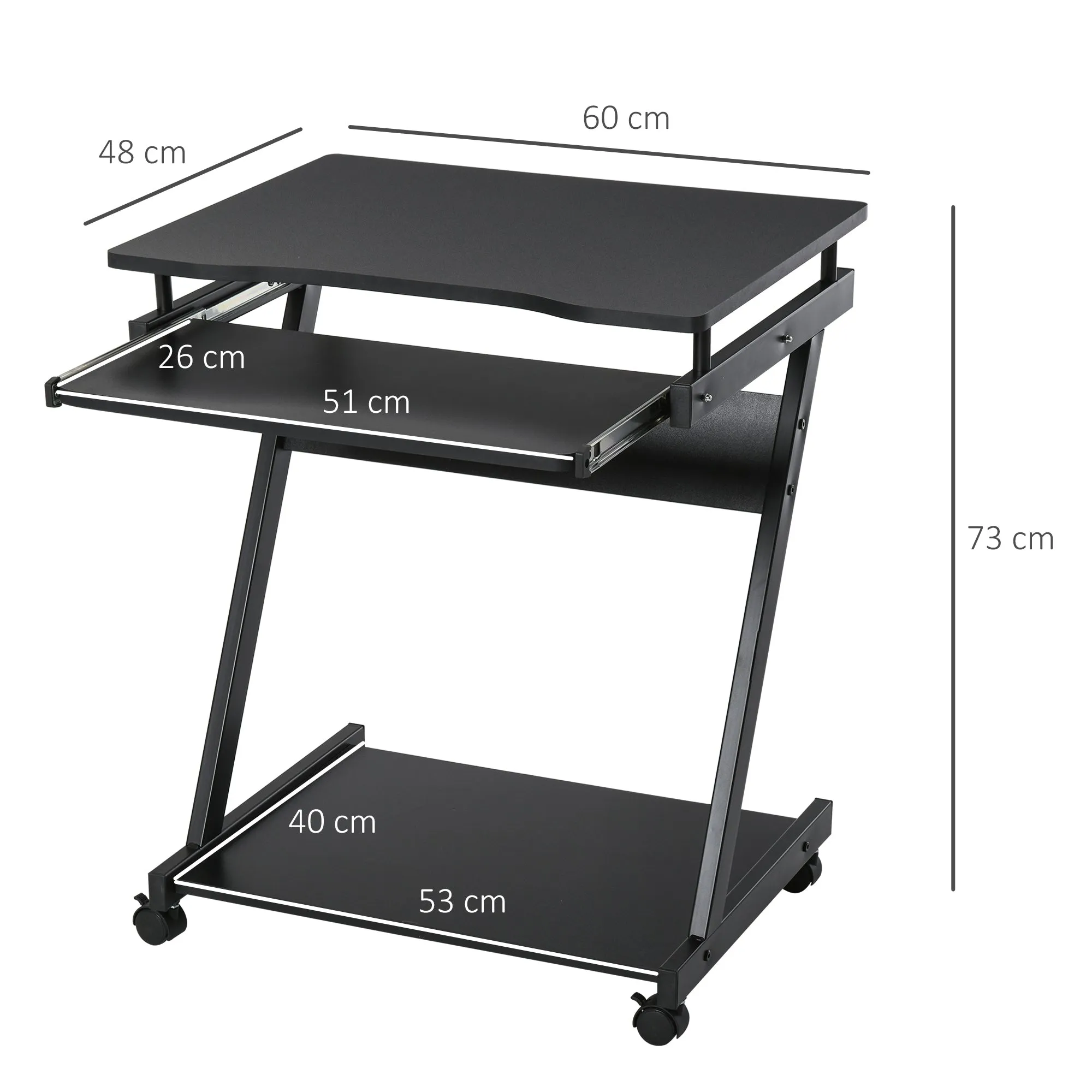 Classic Space-Saving Computer Desk, Kids Bedroom Desk with Retractable Keyboard Tray, 4 Wheels and Lower Shelf, Black 60x48x73cm - Image 3