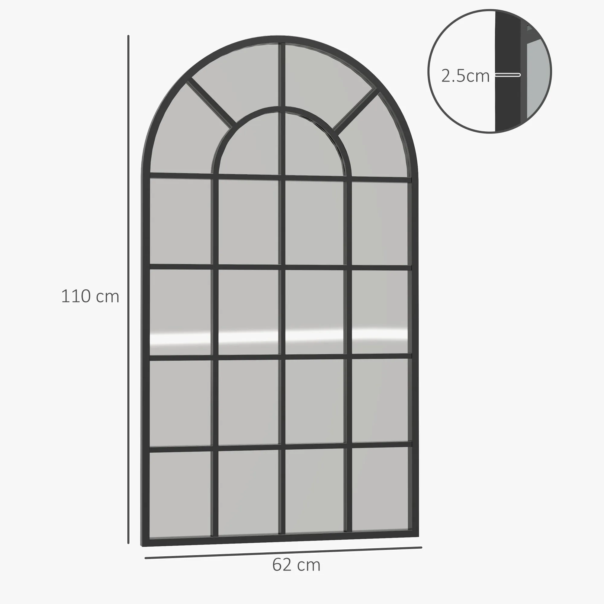 Wall Mounted Arched Mirror for Home and Office, Glass and Metal, 62x2.5x110 cm, Black - Image 3