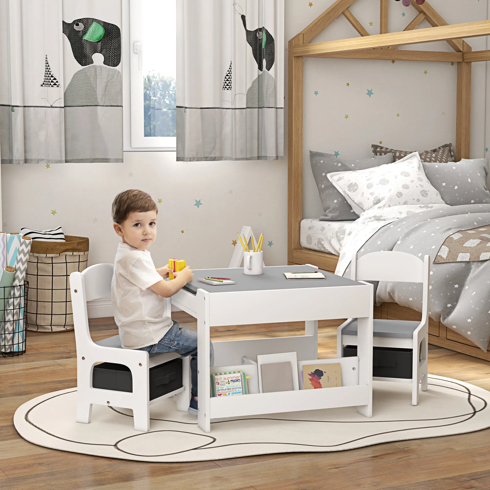 Children's Table and 2 Chairs Set, 2 in 1 Table Top with Blackboard and Storage, Grey - Image 2