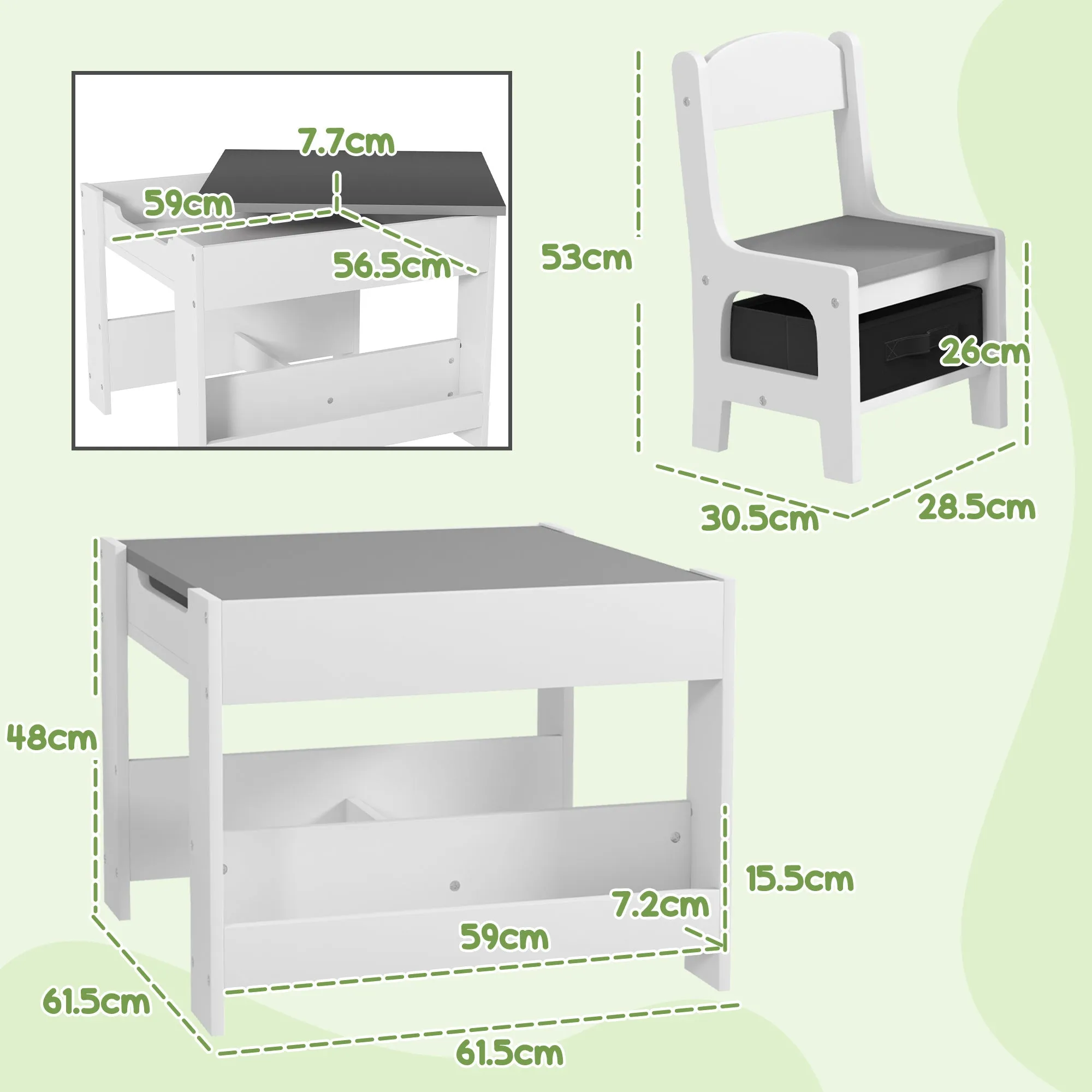 Children's Table and 2 Chairs Set, 2 in 1 Table Top with Blackboard and Storage, Grey - Image 3