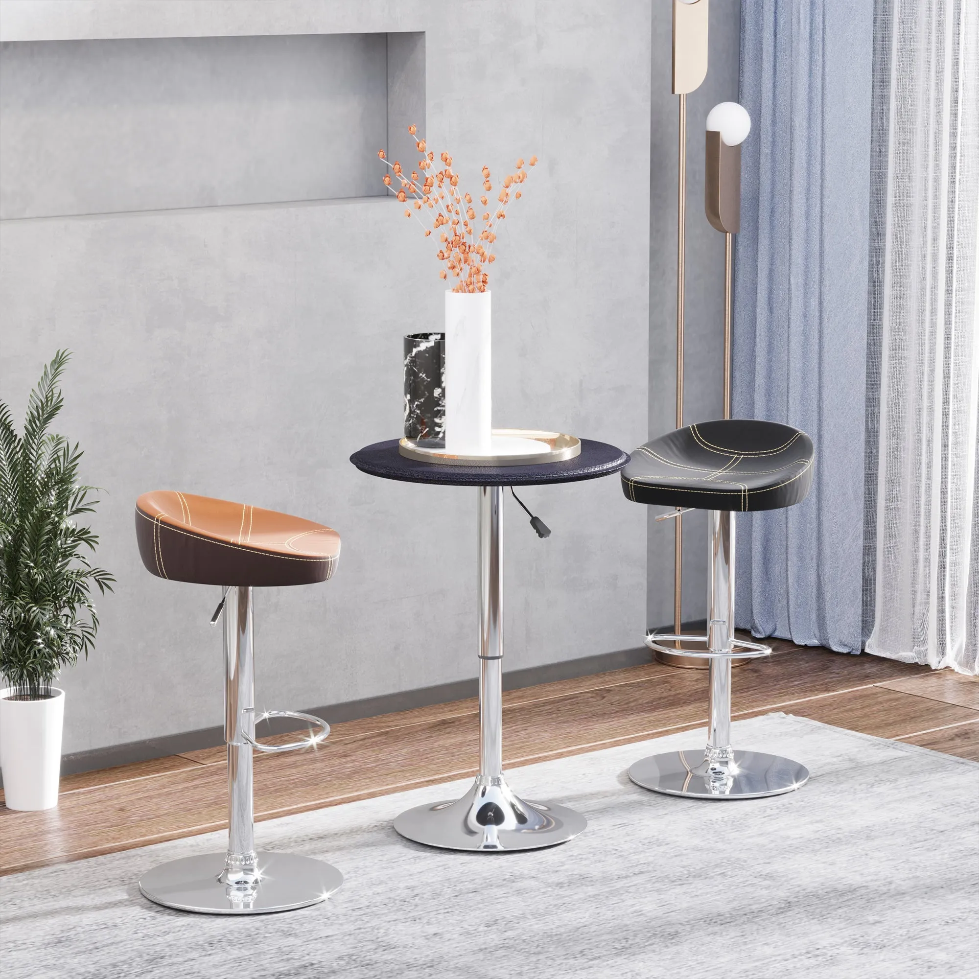 Chrome Bar Table, Height-Adjustable Round Table with Lift Up System, 360° Rotatable Round Top Φ63x67-93cm - Image 2