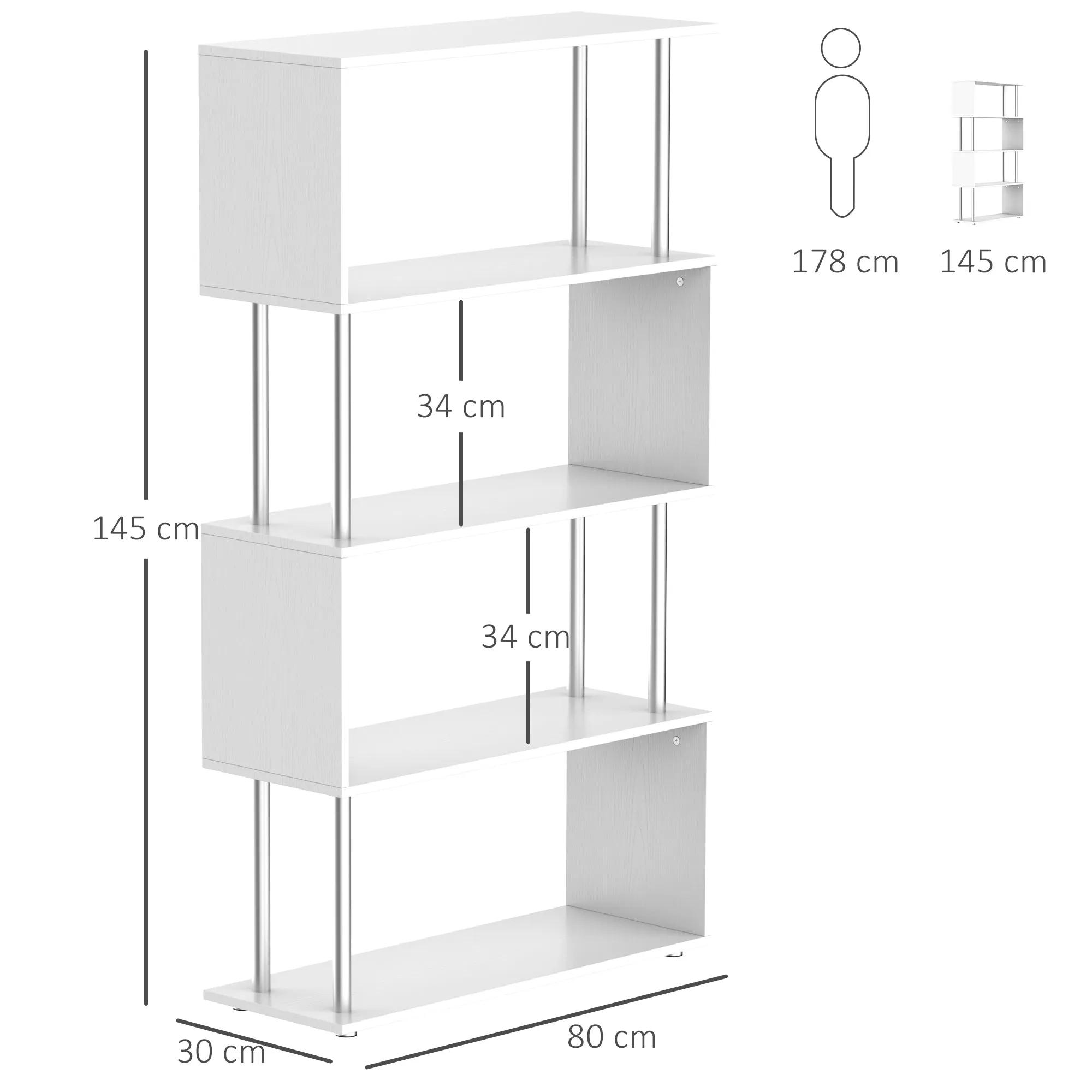 4-Tier Bookcase Modern Design in Wood and Metal, Bookshelf Shelf for Living Room, Study, Office, 80x30x145cm White - Image 3